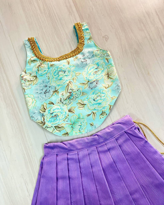 Baby Blue Modern Top With Luxury Purple Skirt Set | The Silkberry
