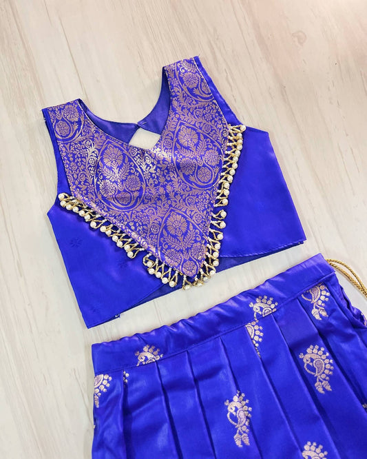 Royal Blue Pearl Embellished Modern Back Traditional Lehenga Set | The Silkberry