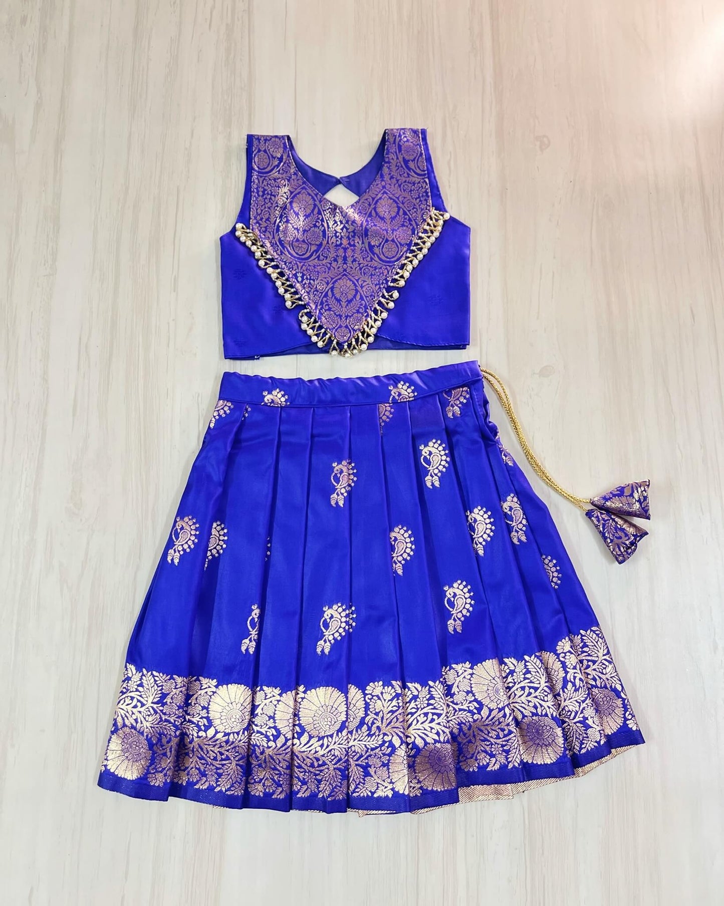 Royal Blue Pearl Embellished Modern Back Traditional Lehenga Set | The Silkberry