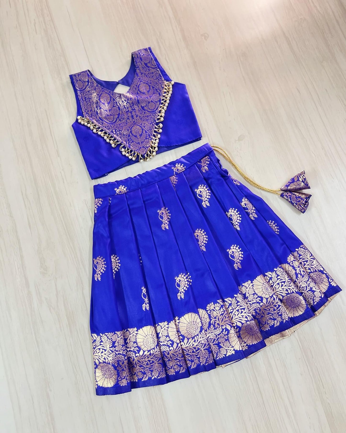Royal Blue Pearl Embellished Modern Back Traditional Lehenga Set | The Silkberry