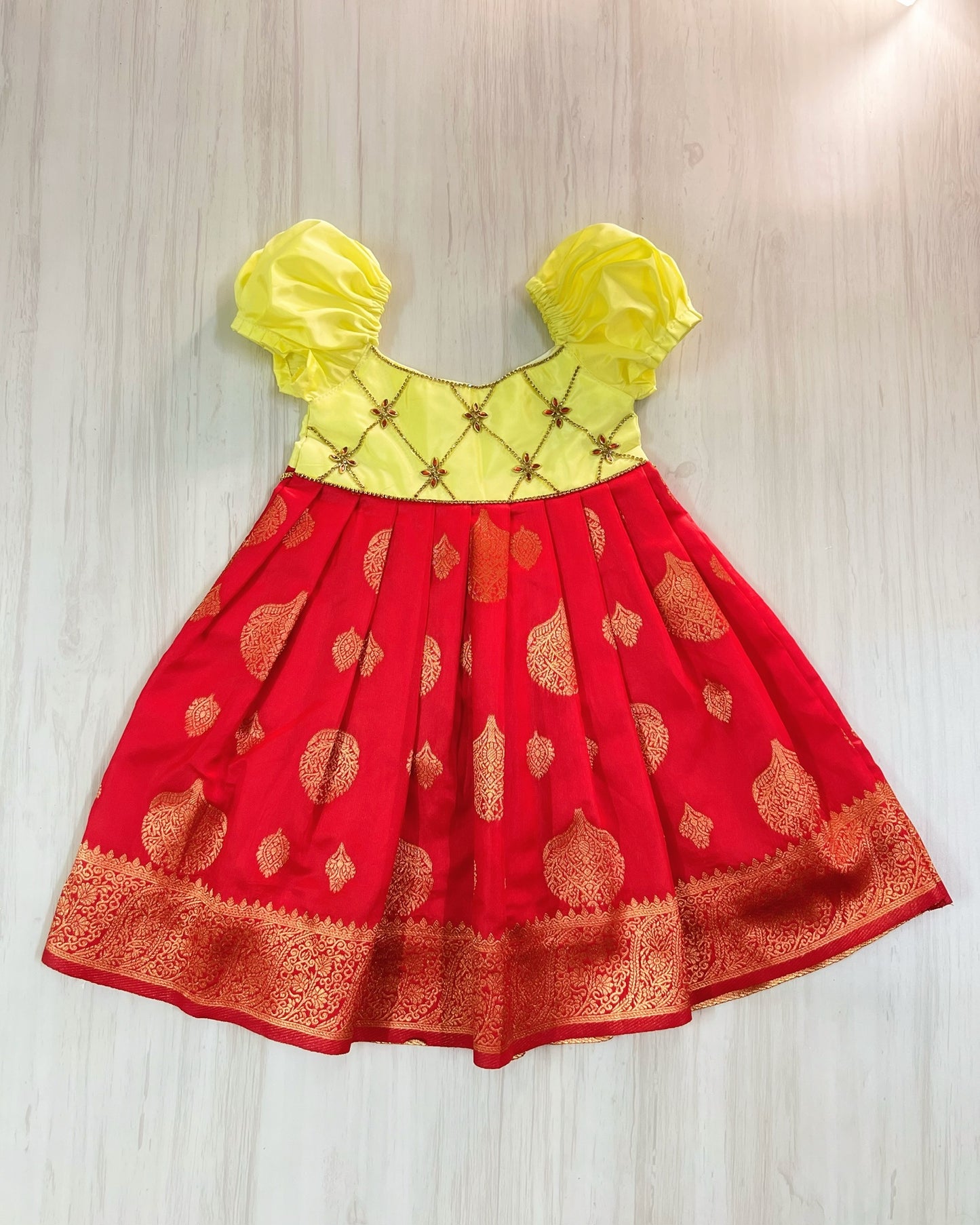 Sunflower Yellow And Spanish Red Criss Cross Silk Gown | The Silkberry