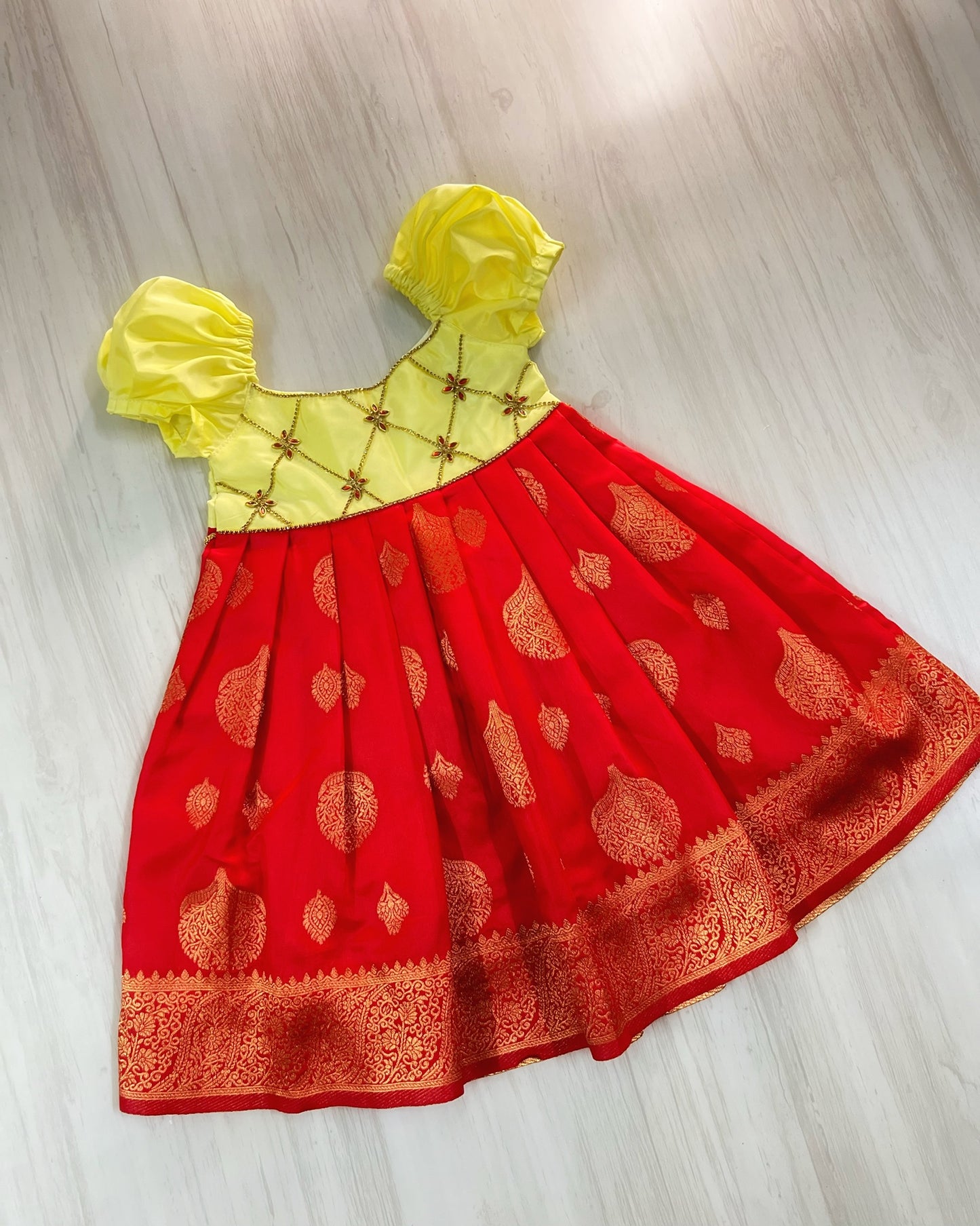 Sunflower Yellow And Spanish Red Criss Cross Silk Gown | The Silkberry