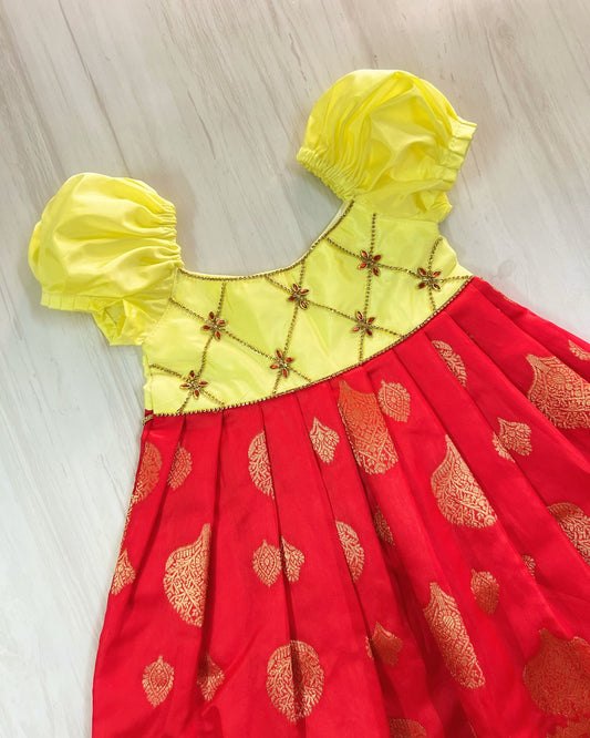 Sunflower Yellow And Spanish Red Criss Cross Silk Gown | The Silkberry