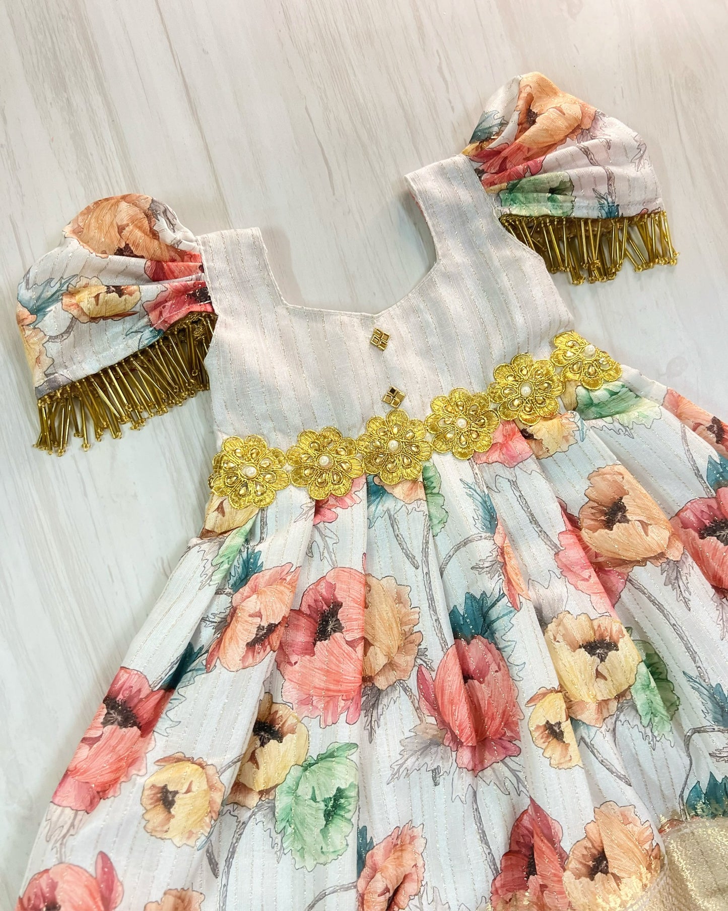 Platinum White Floral Modern Sleeve Hangings Queenly Silk Gown | The Silkberry