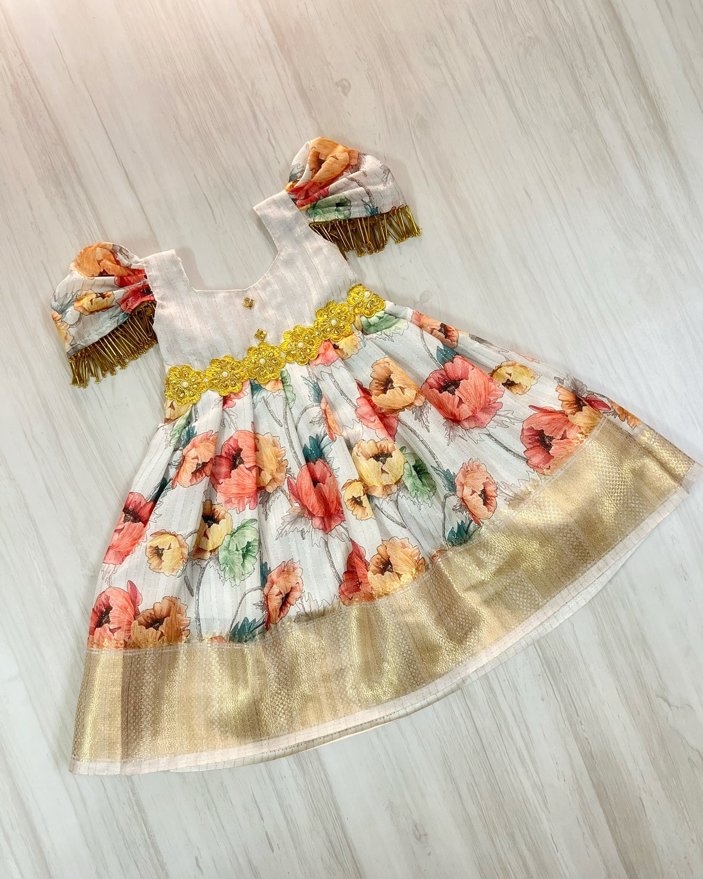 Platinum White Floral Modern Sleeve Hangings Queenly Silk Gown | The Silkberry