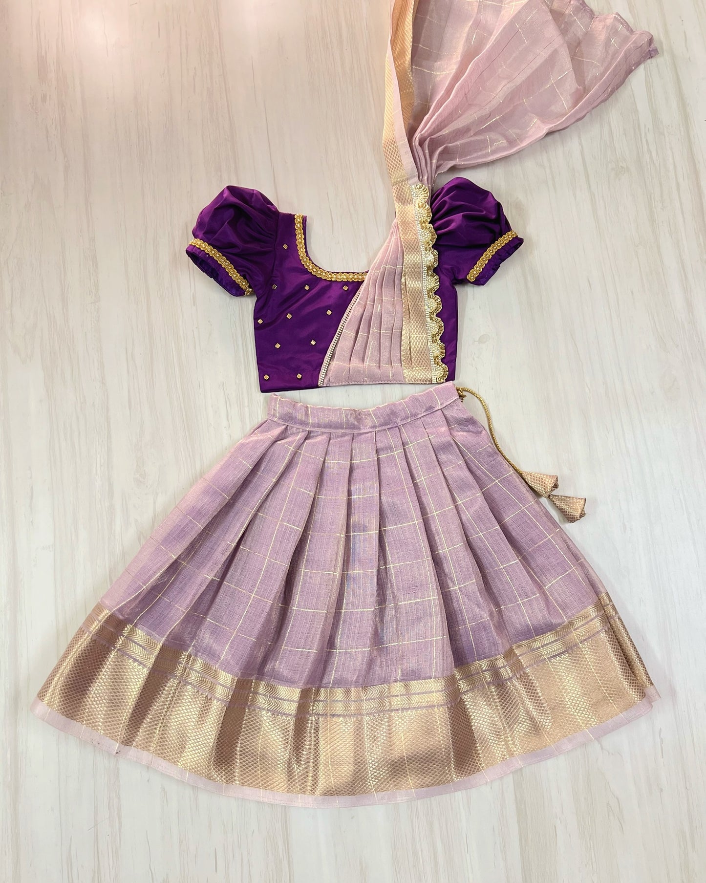 Wild Violet Half Saree Style Stone Embellished Tissue Silk Lehenga Set | The Silkberry