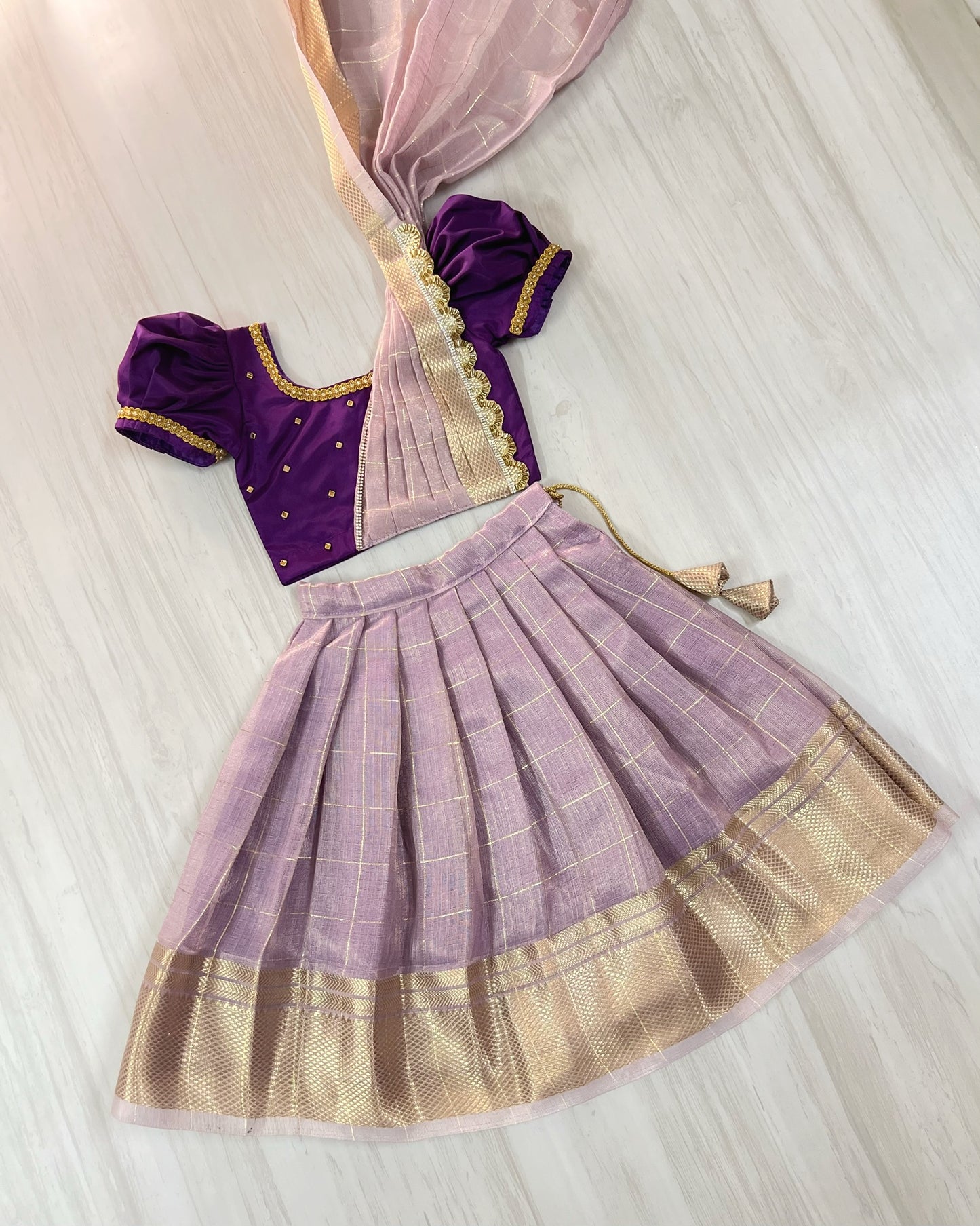 Wild Violet Half Saree Style Stone Embellished Tissue Silk Lehenga Set | The Silkberry