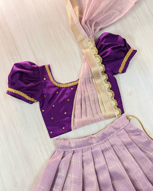 Wild Violet Half Saree Style Stone Embellished Tissue Silk Lehenga Set | The Silkberry