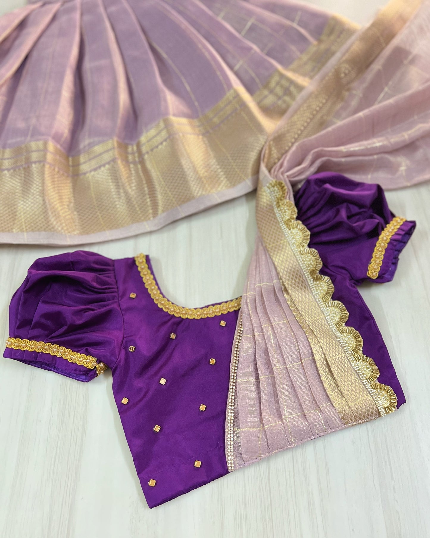 Wild Violet Half Saree Style Stone Embellished Tissue Silk Lehenga Set | The Silkberry