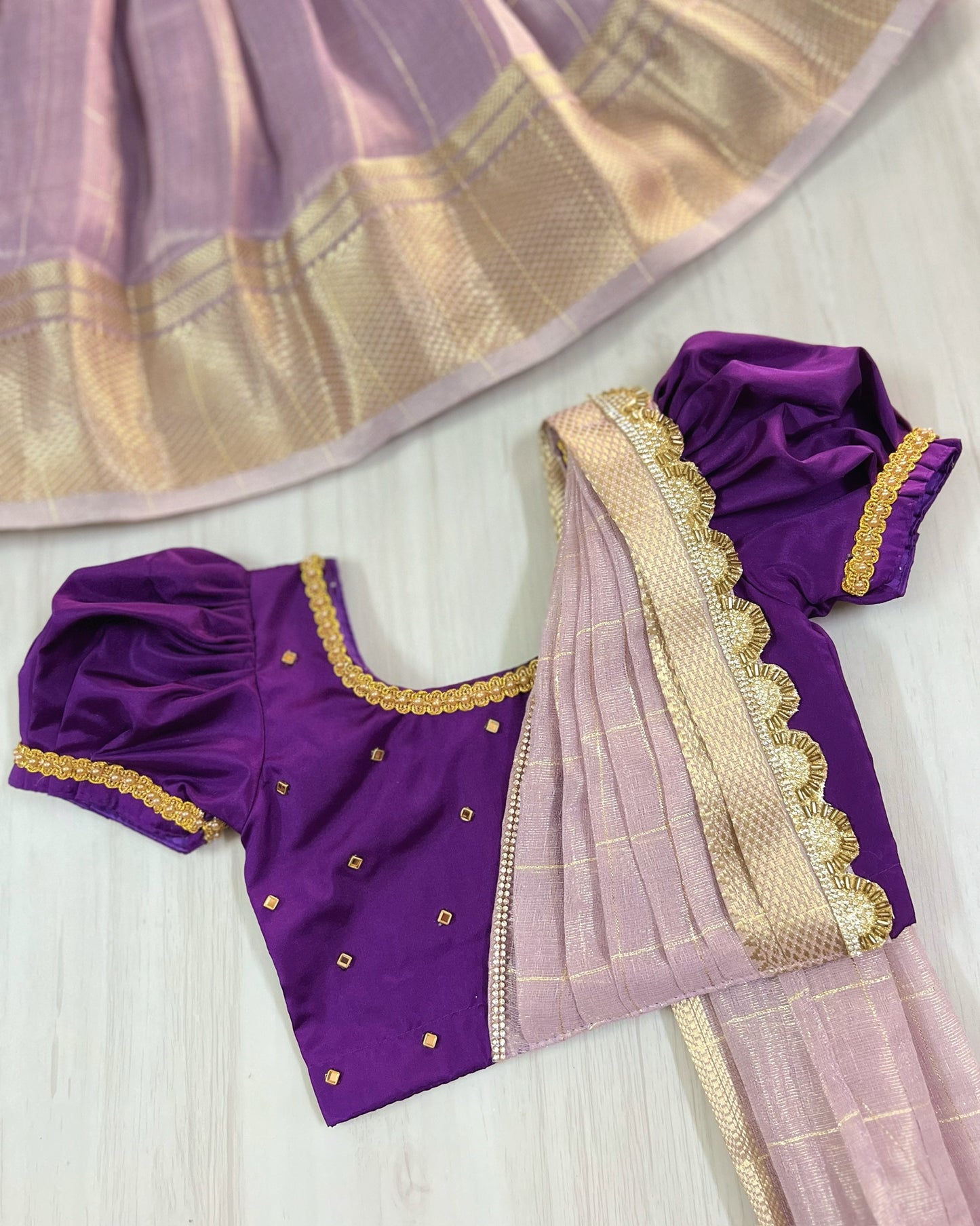 Wild Violet Half Saree Style Stone Embellished Tissue Silk Lehenga Set | The Silkberry