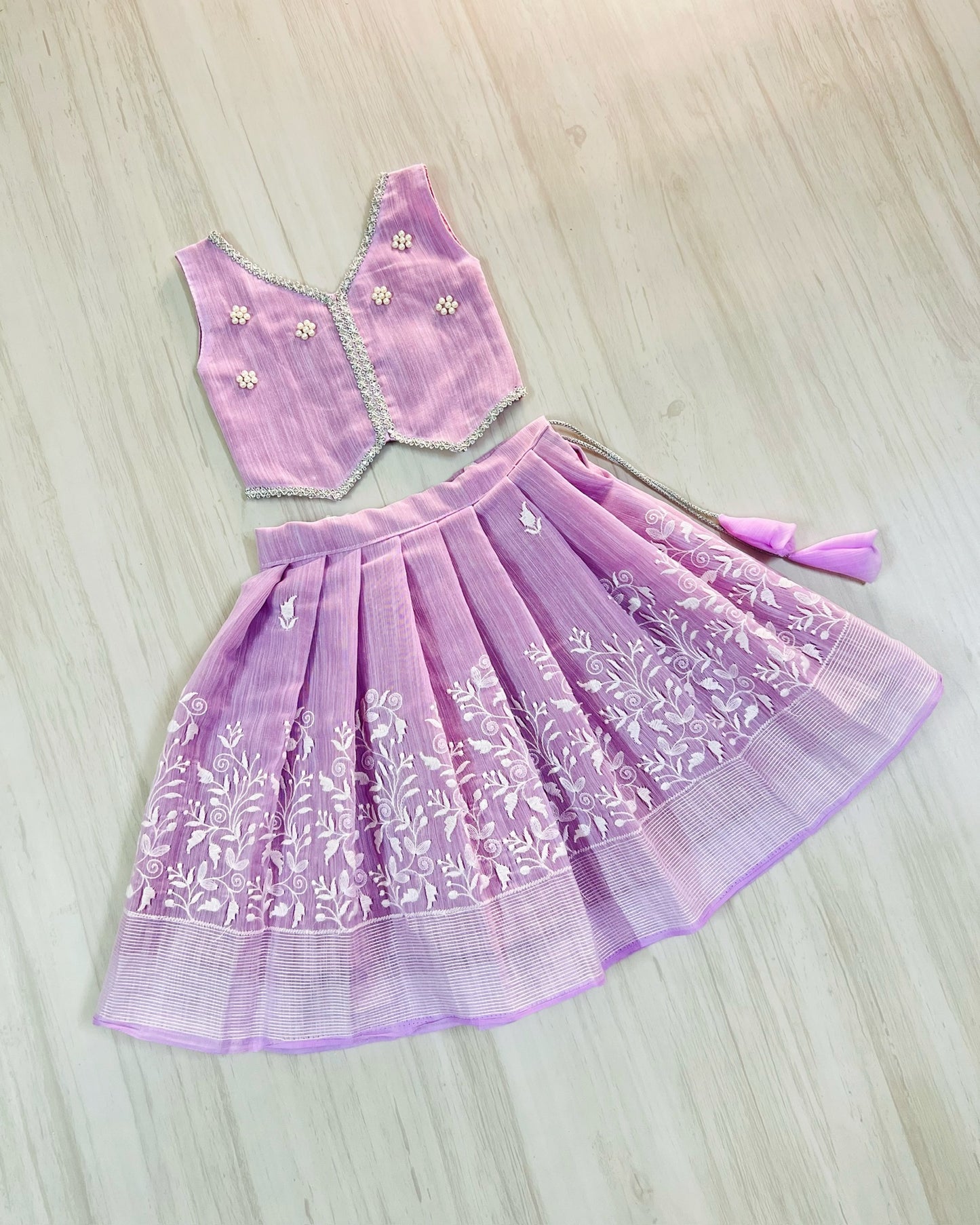 Delicate Lavender Floral Pearl Work Embroidered Lehenga Set | The Silkberry