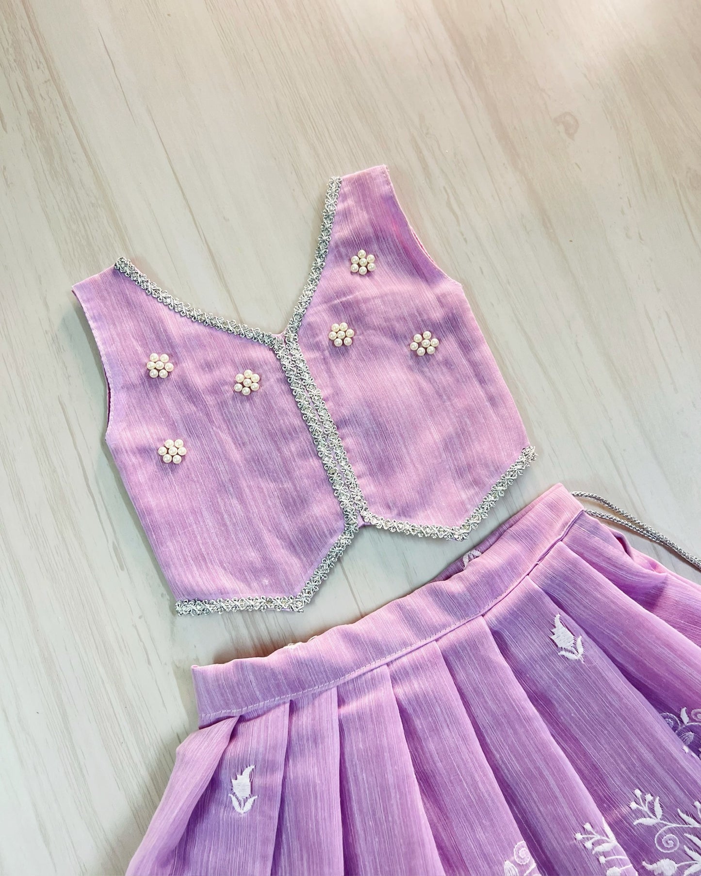 Delicate Lavender Floral Pearl Work Embroidered Lehenga Set | The Silkberry