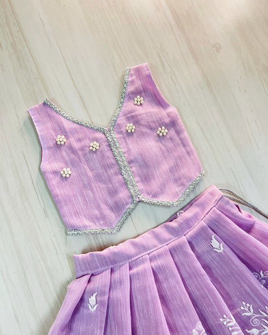 Delicate Lavender Floral Pearl Work Embroidered Lehenga Set | The Silkberry