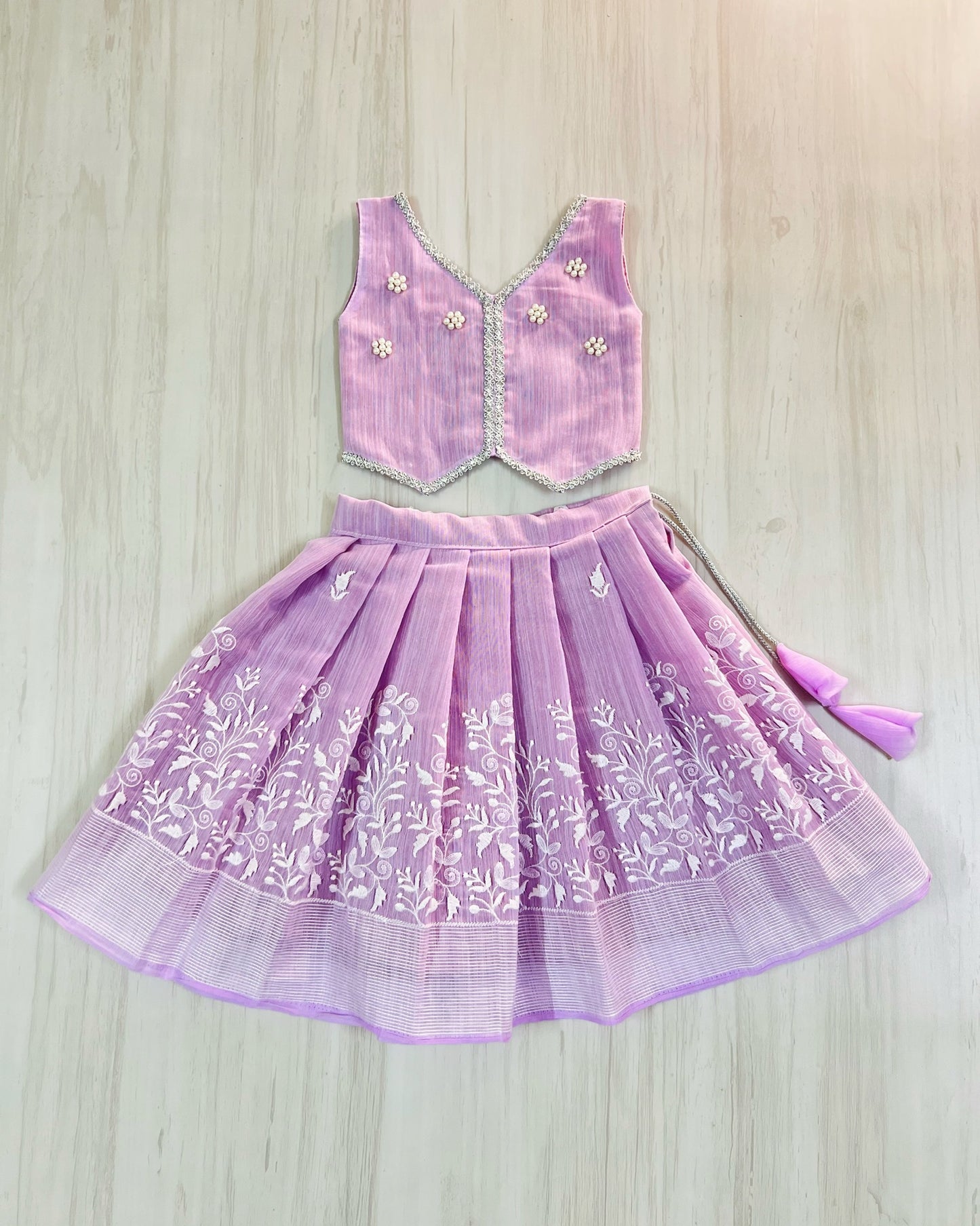 Delicate Lavender Floral Pearl Work Embroidered Lehenga Set | The Silkberry