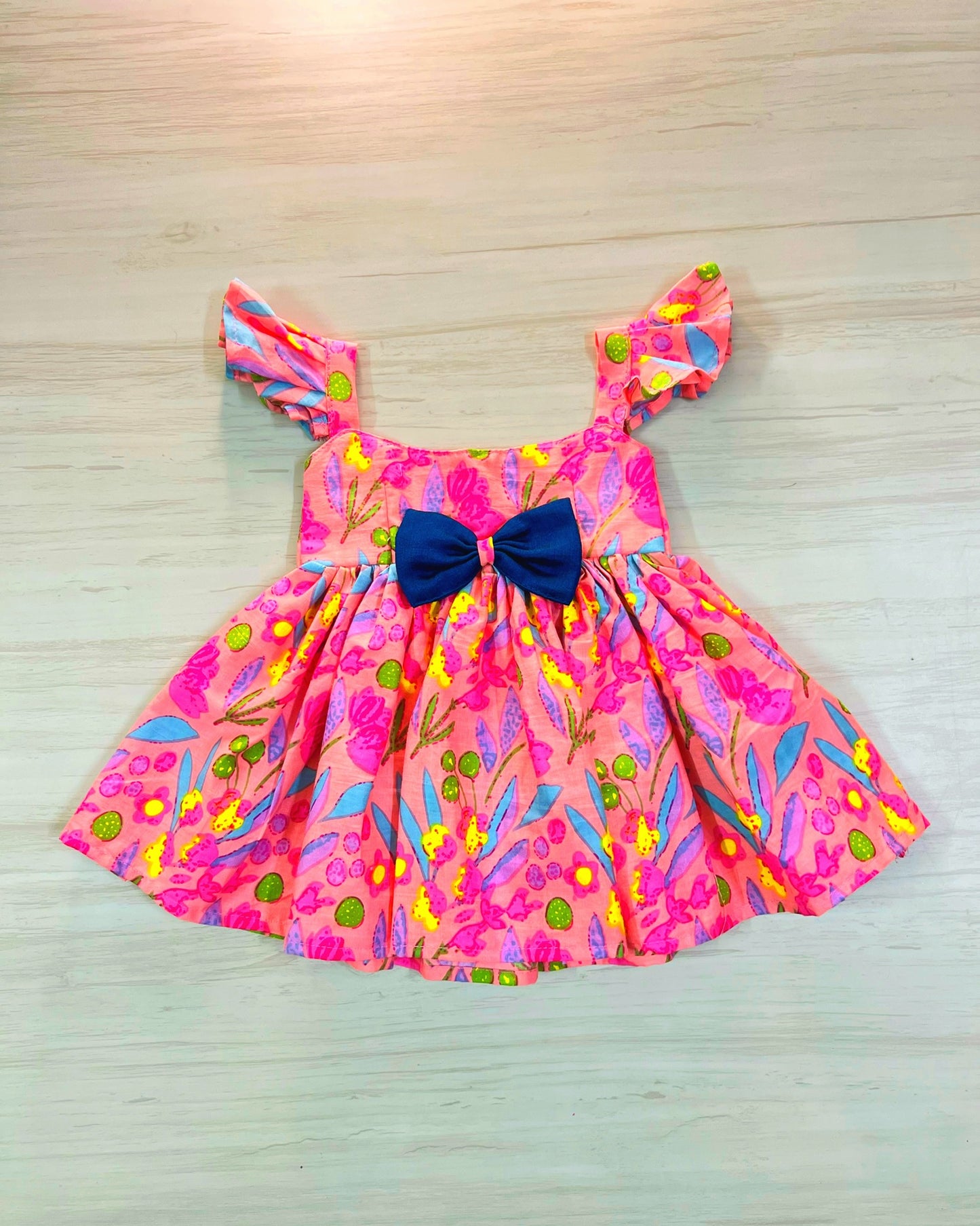 Pink Floral Print With Blue Bow Soft Cotton Cutesy Frock