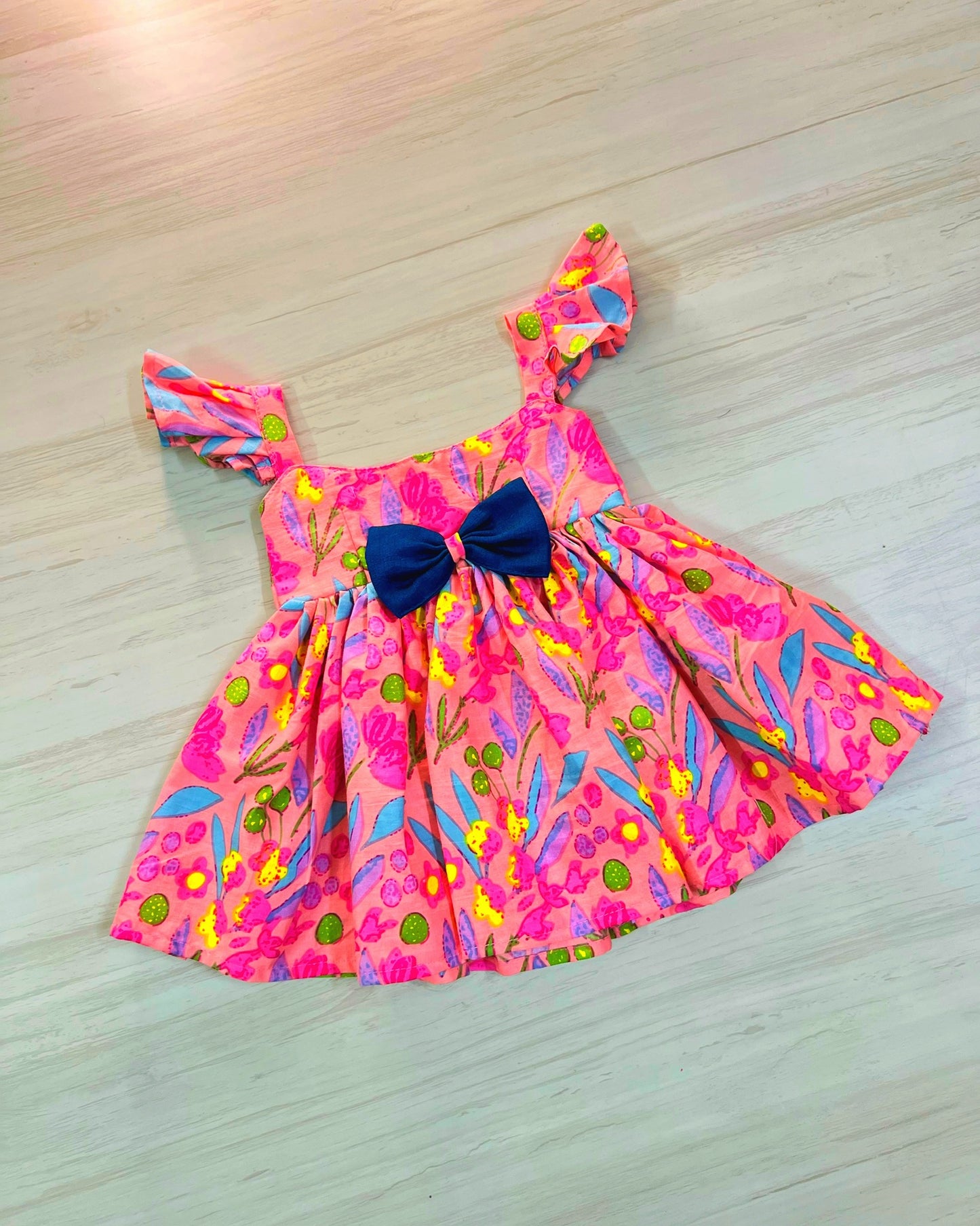 Pink Floral Print With Blue Bow Soft Cotton Cutesy Frock