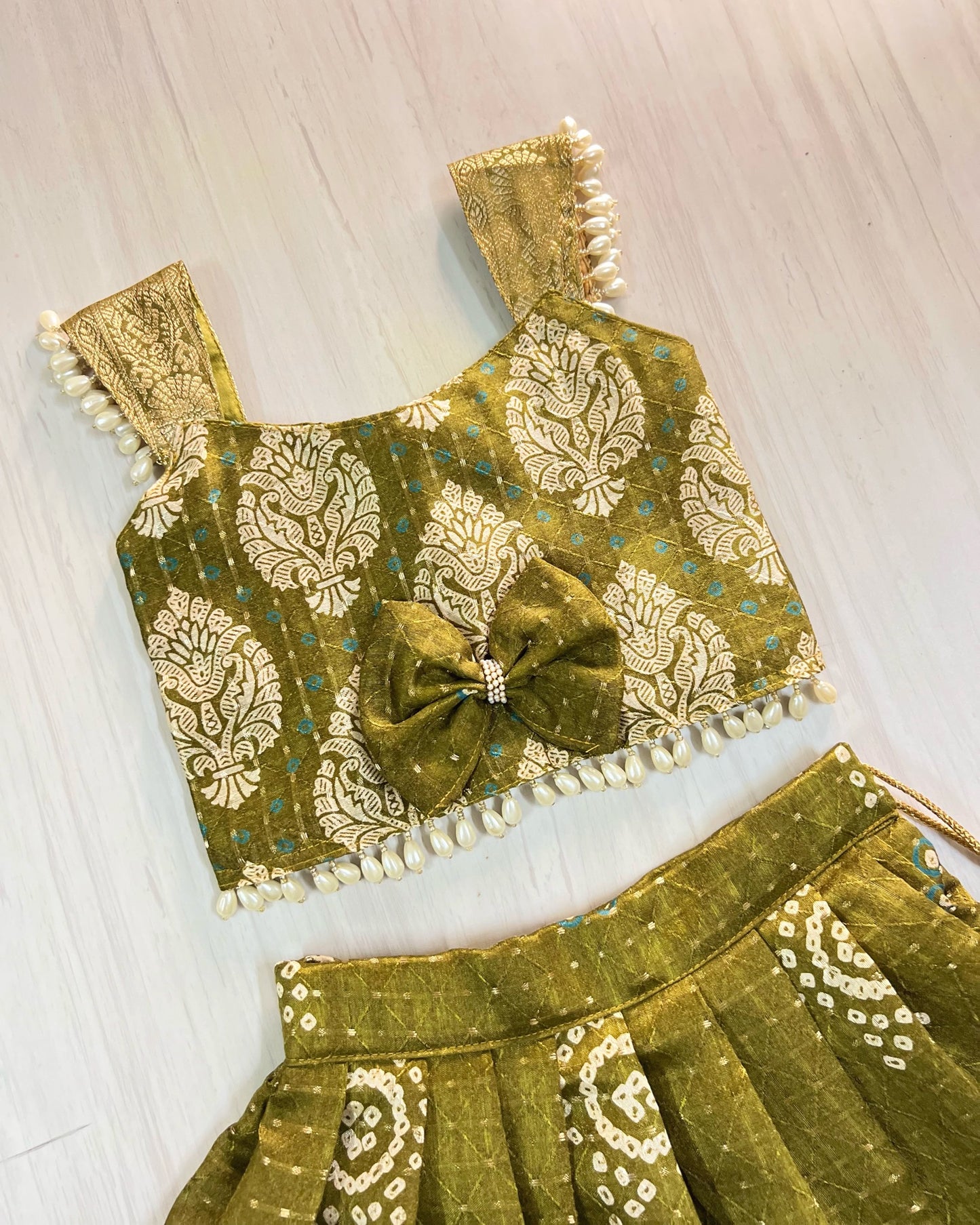 Mehendi Green Rare Shade Pearl Embellished Lehenga Set