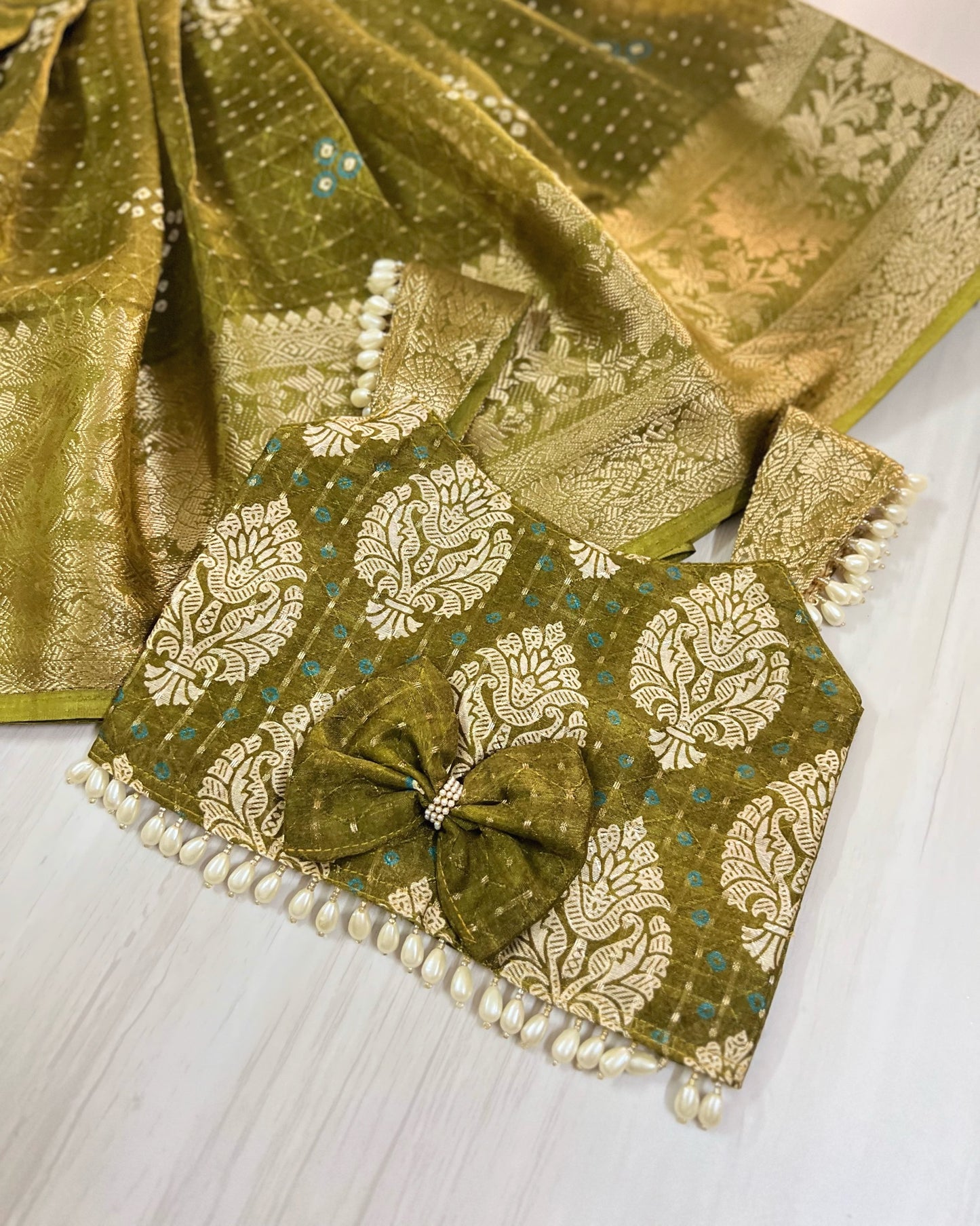Mehendi Green Rare Shade Pearl Embellished Lehenga Set