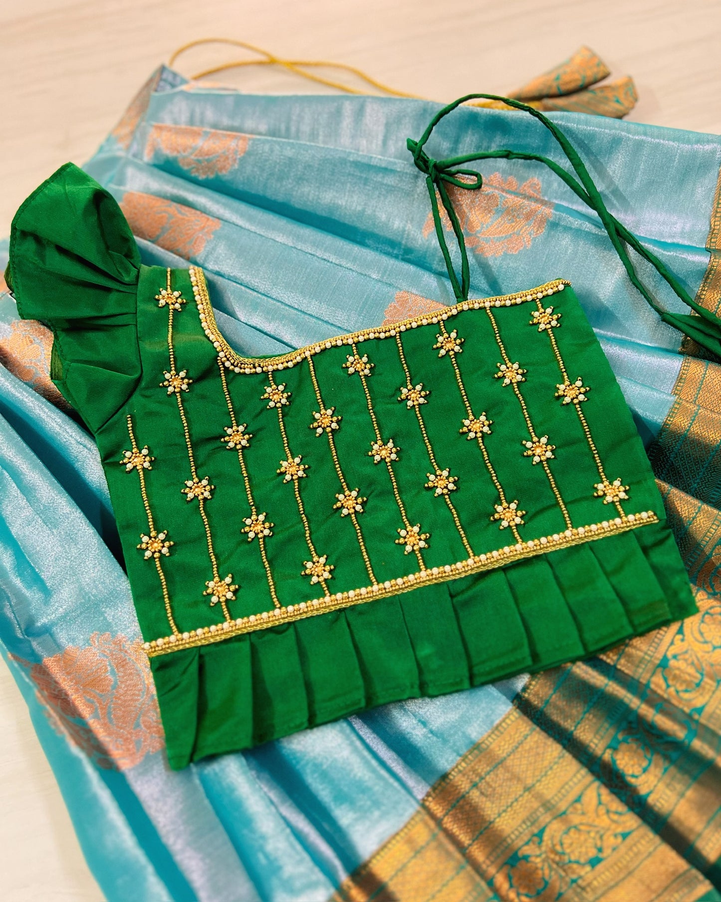 Dark Green And Sky Blue Aari Work Lehenga/Pattu Pavadai Set