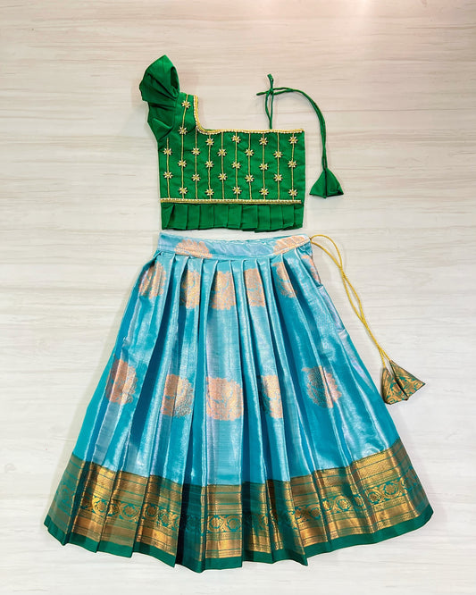 Dark Green And Sky Blue Aari Work Lehenga/Pattu Pavadai Set