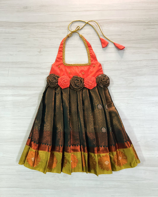 Orange And Dark Green Halter Neck Floral Silk Gown