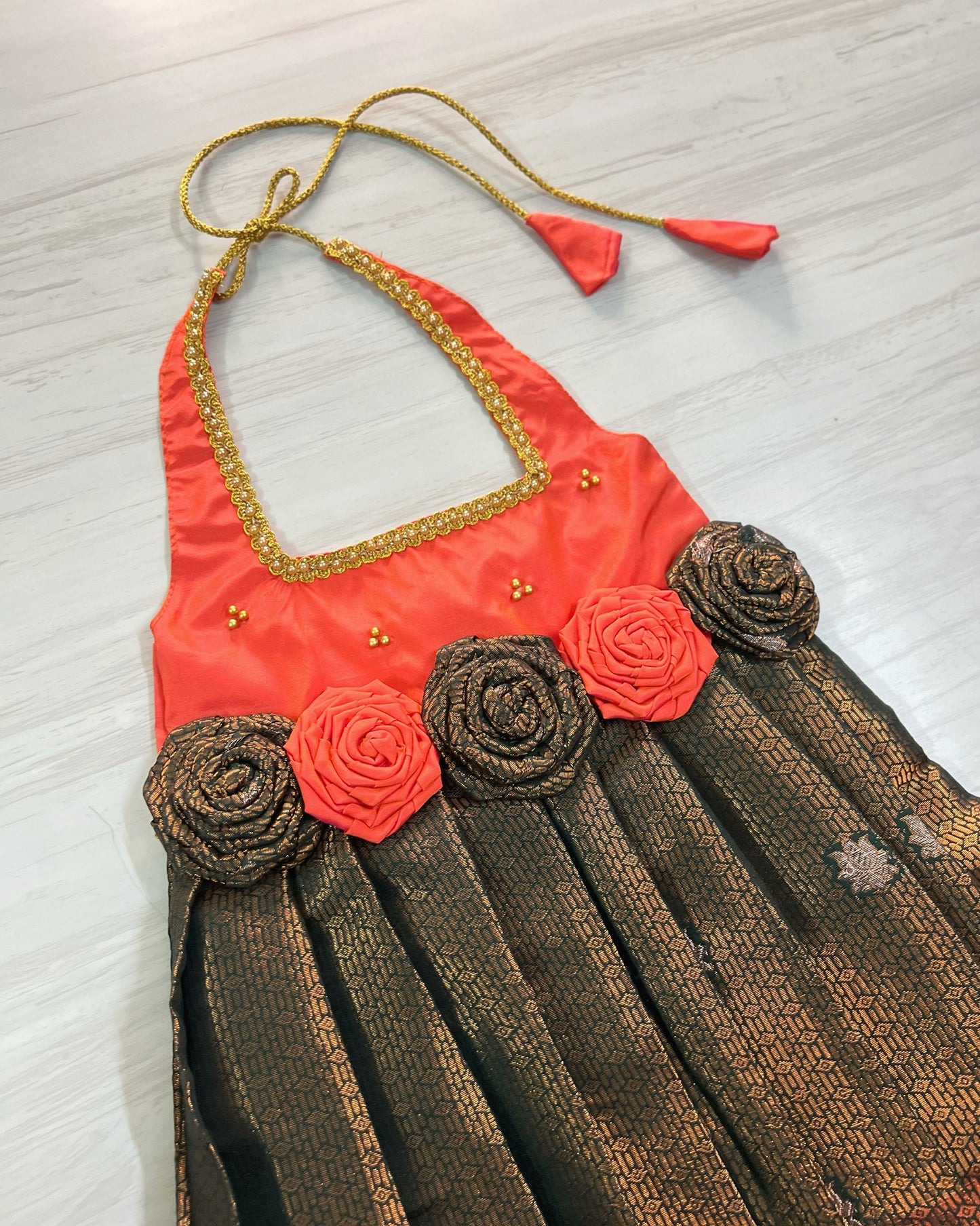 Orange And Dark Green Halter Neck Floral Silk Gown