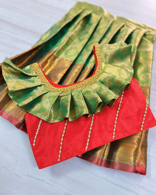 Cherry Red And Light Green Stone Embellished Pleated Silk Lehenga Set