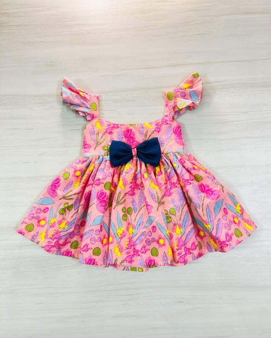 Pink Floral Print With Blue Bow Soft Cotton Cutesy Frock