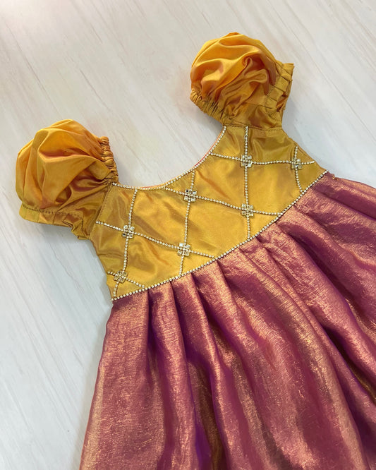 Antique Gold And Pearly Purple Criss Cross Silk Gown | The Silkberry