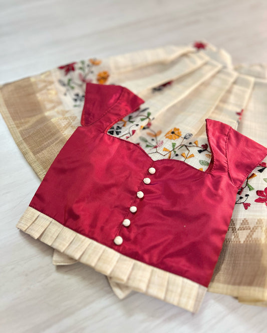 Cherry Red Polki Top With Floral Embroidered Beige Skirt