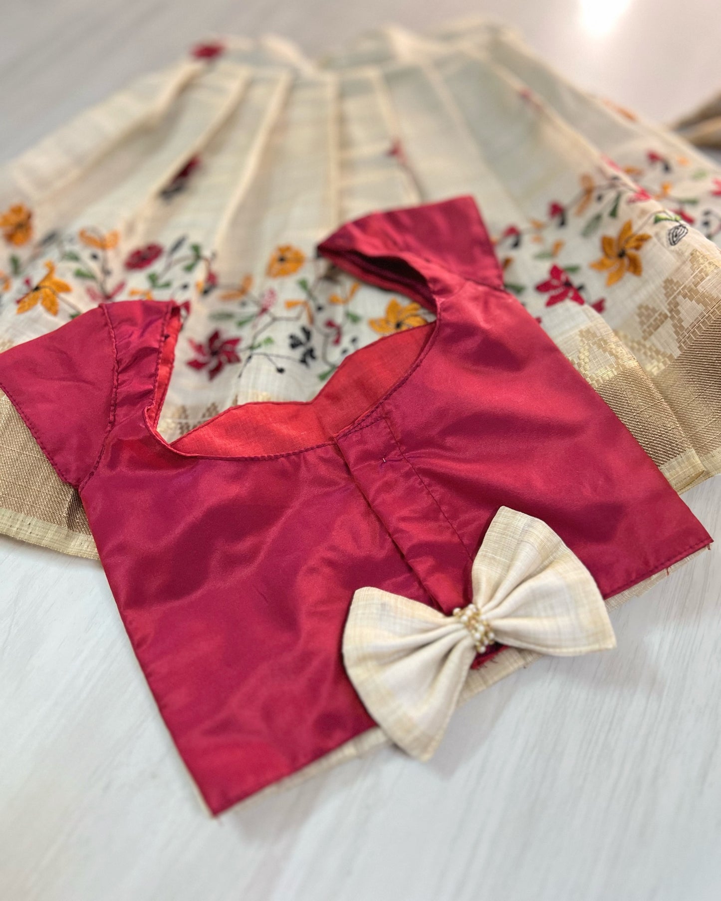 Cherry Red Polki Top With Floral Embroidered Beige Skirt