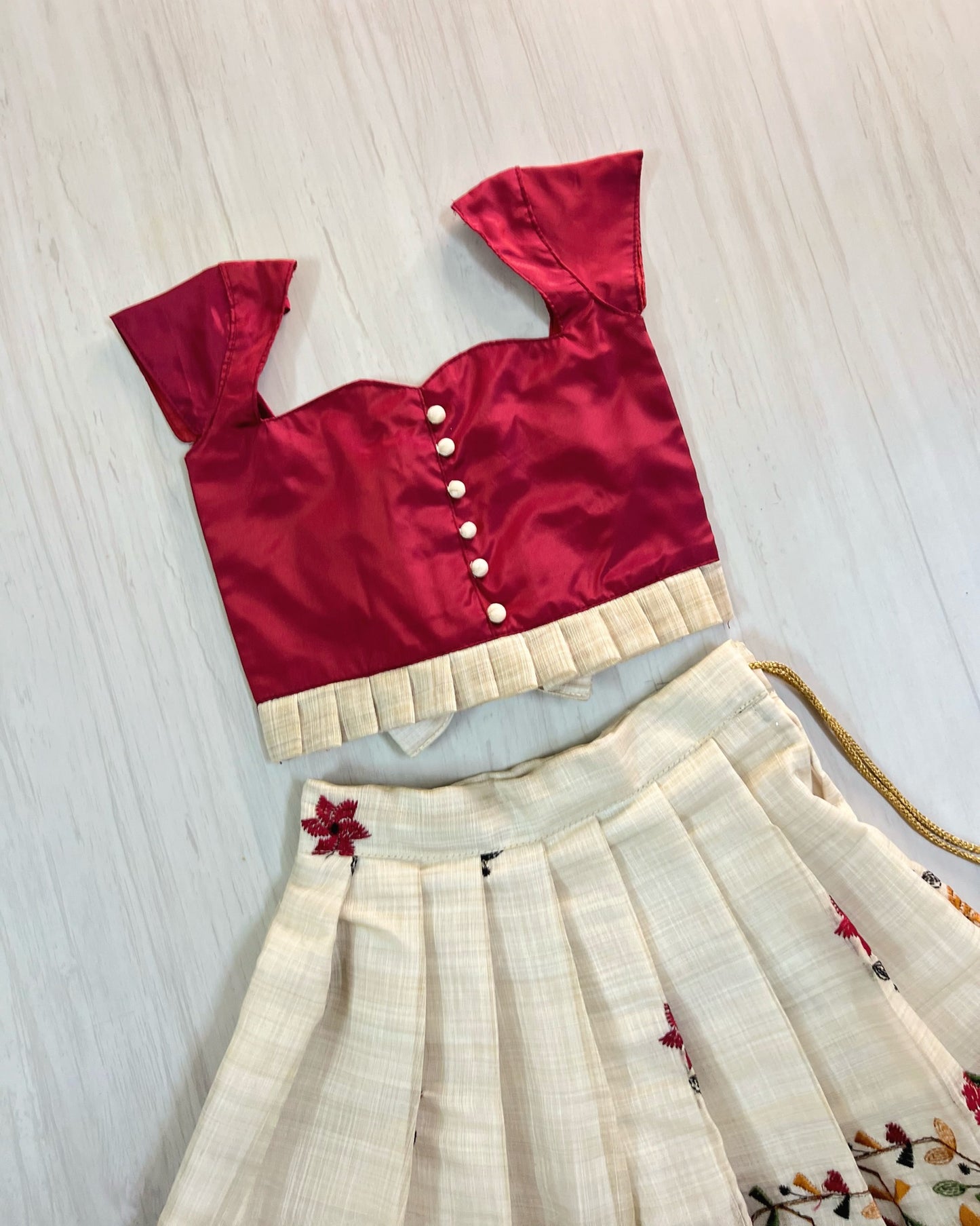 Cherry Red Polki Top With Floral Embroidered Beige Skirt