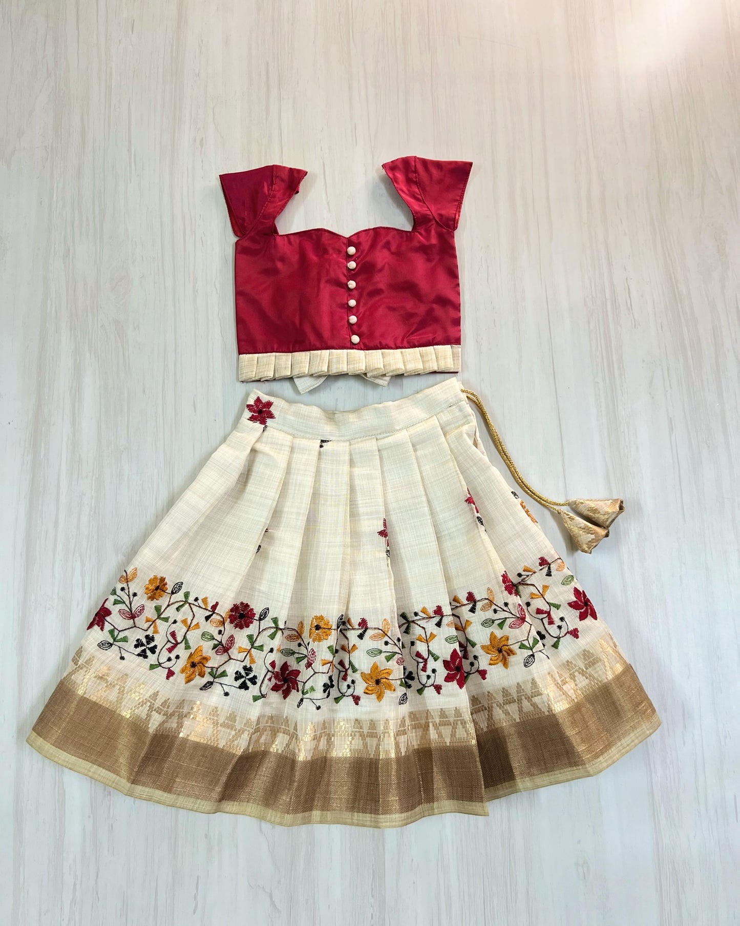 Cherry Red Polki Top With Floral Embroidered Beige Skirt