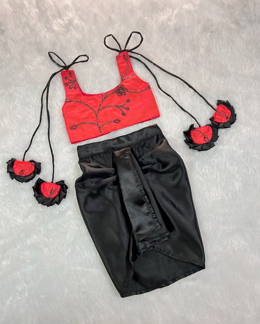 American Rose Embroidered Top With Soft Satin Black Dhoti Skirt