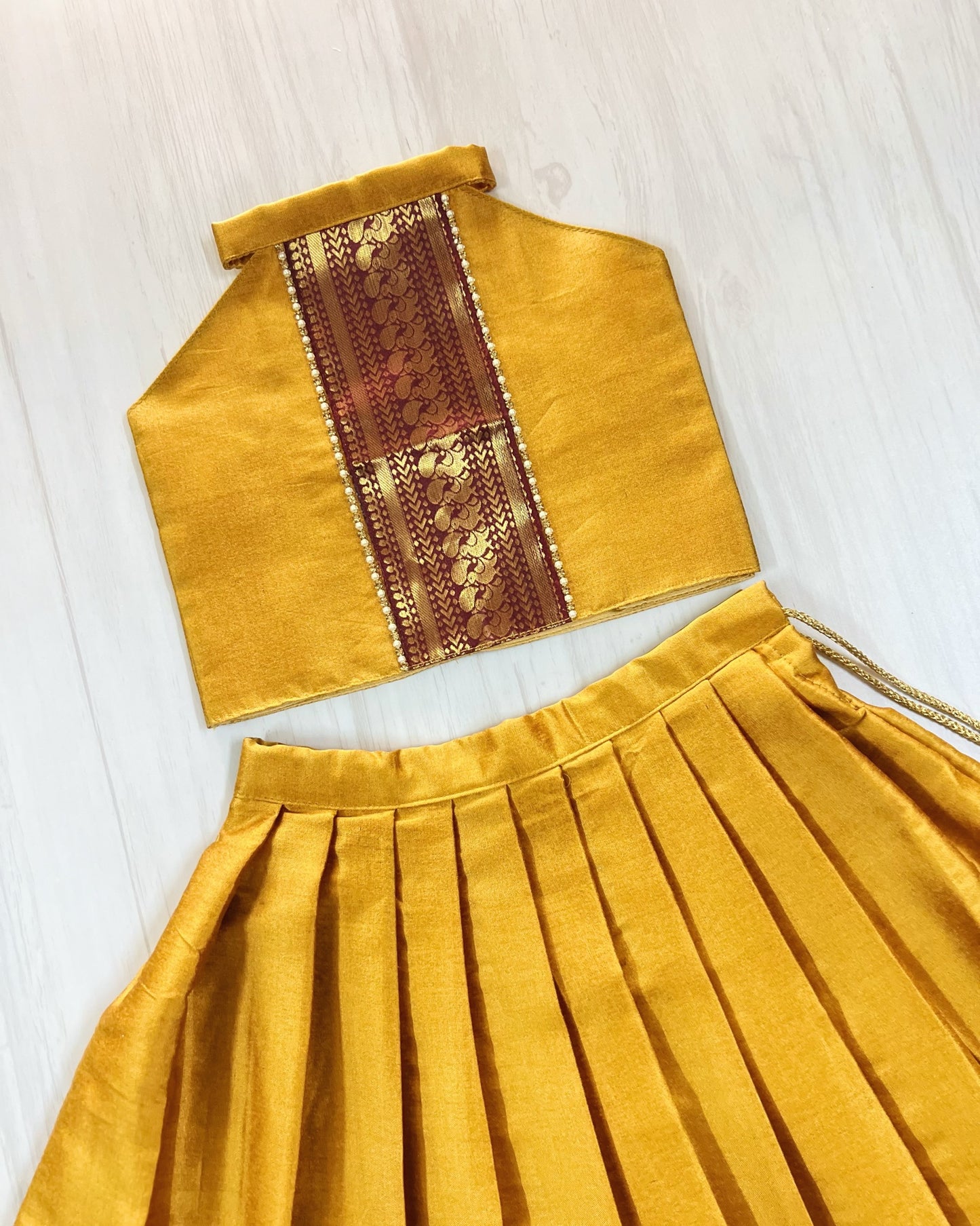 Mustard Yellow With Vintage Maroon Halter Neck Lehenga Set
