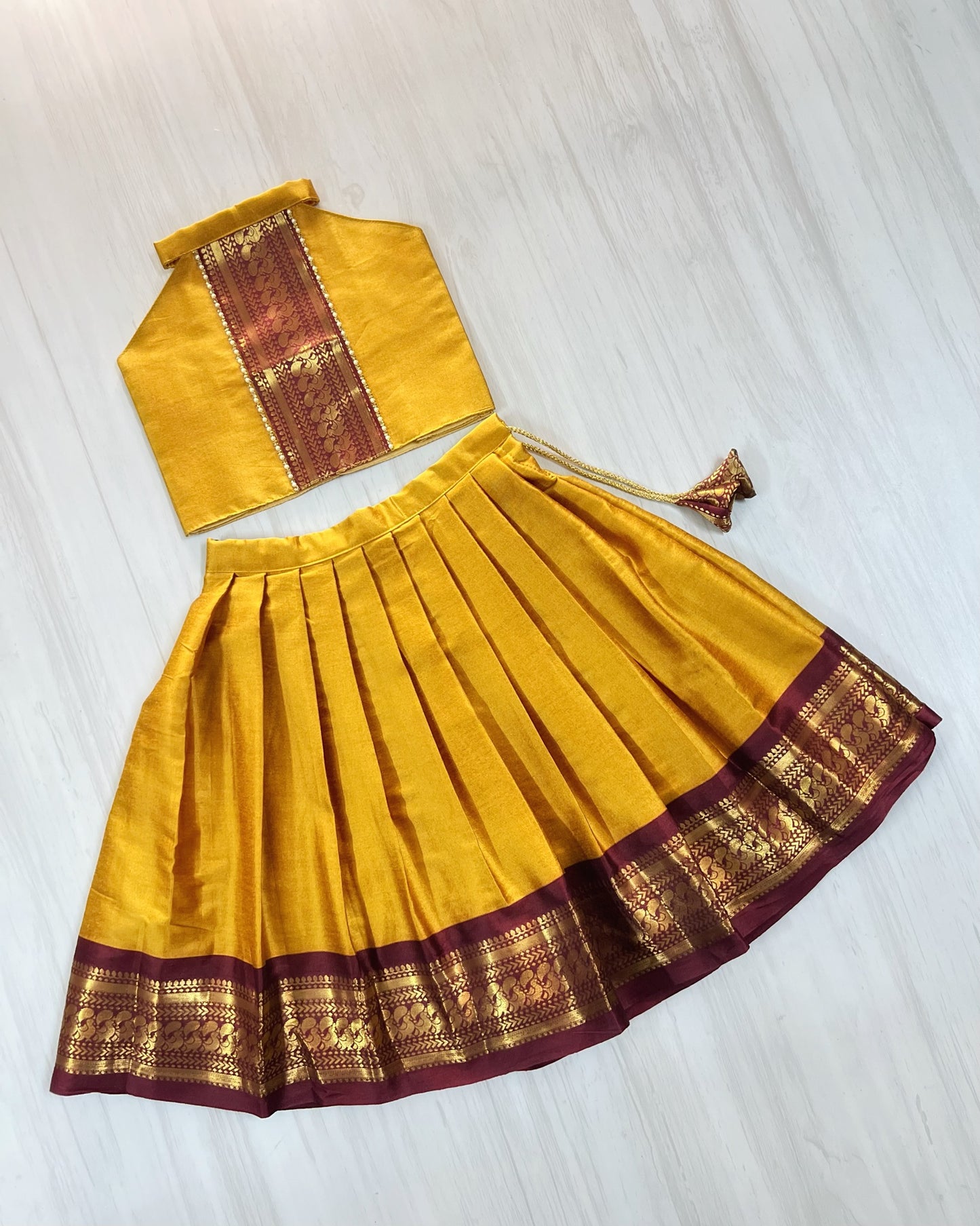 Mustard Yellow With Vintage Maroon Halter Neck Lehenga Set