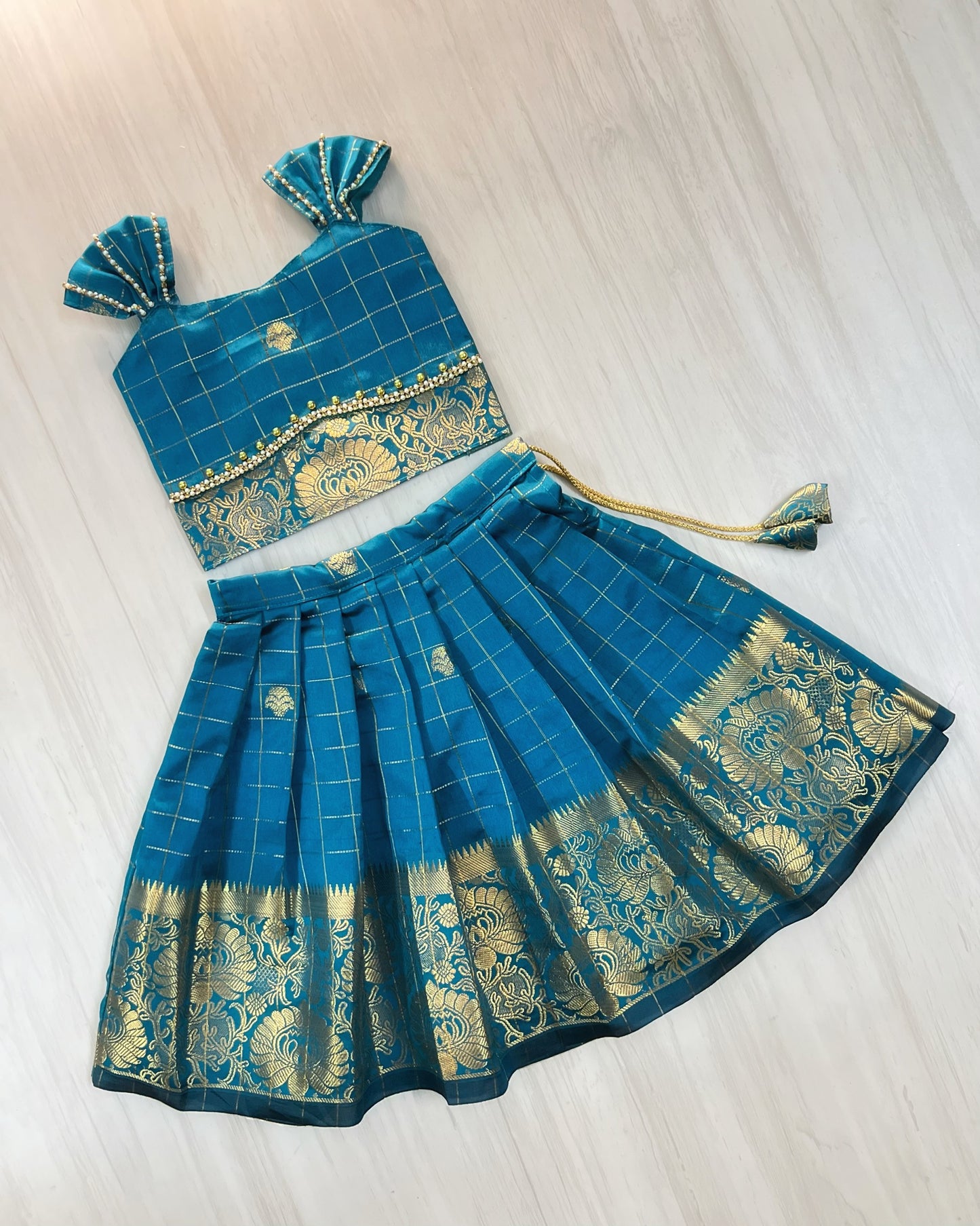 Deep Sea Teal Floral Border Traditional Lehenga Set
