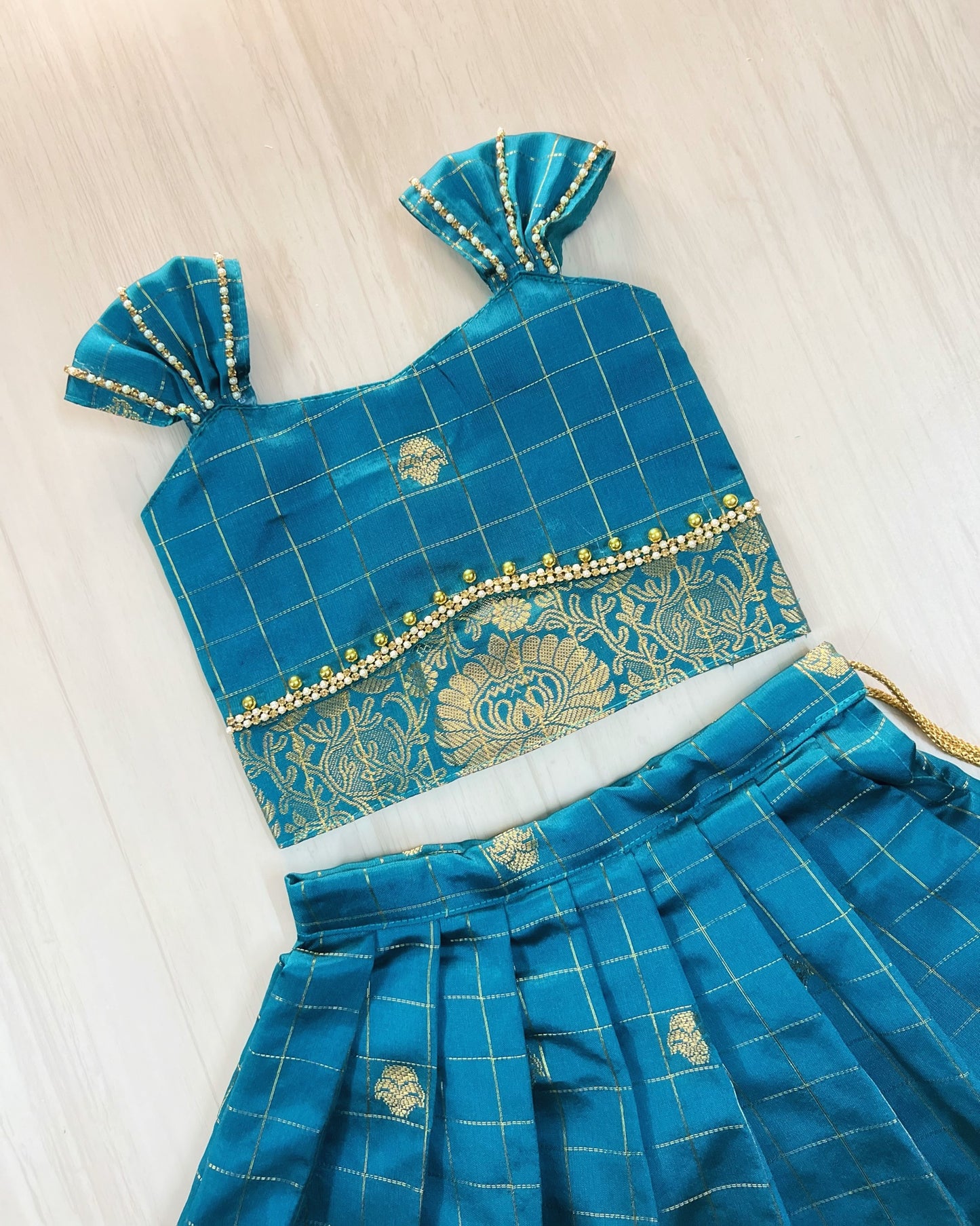 Deep Sea Teal Floral Border Traditional Lehenga Set