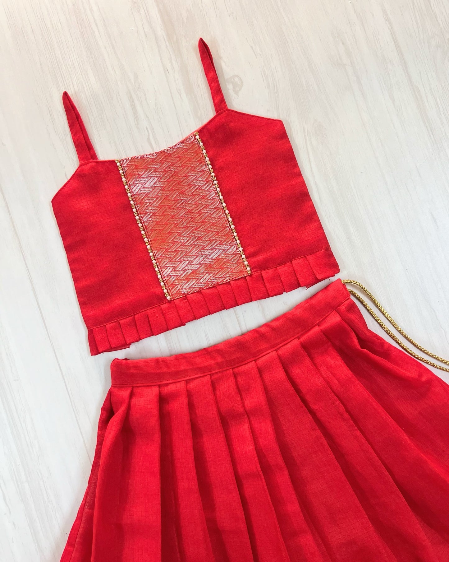 Ripe Chili Red Traditional Border Mangalagiri Cotton Lehenga Set