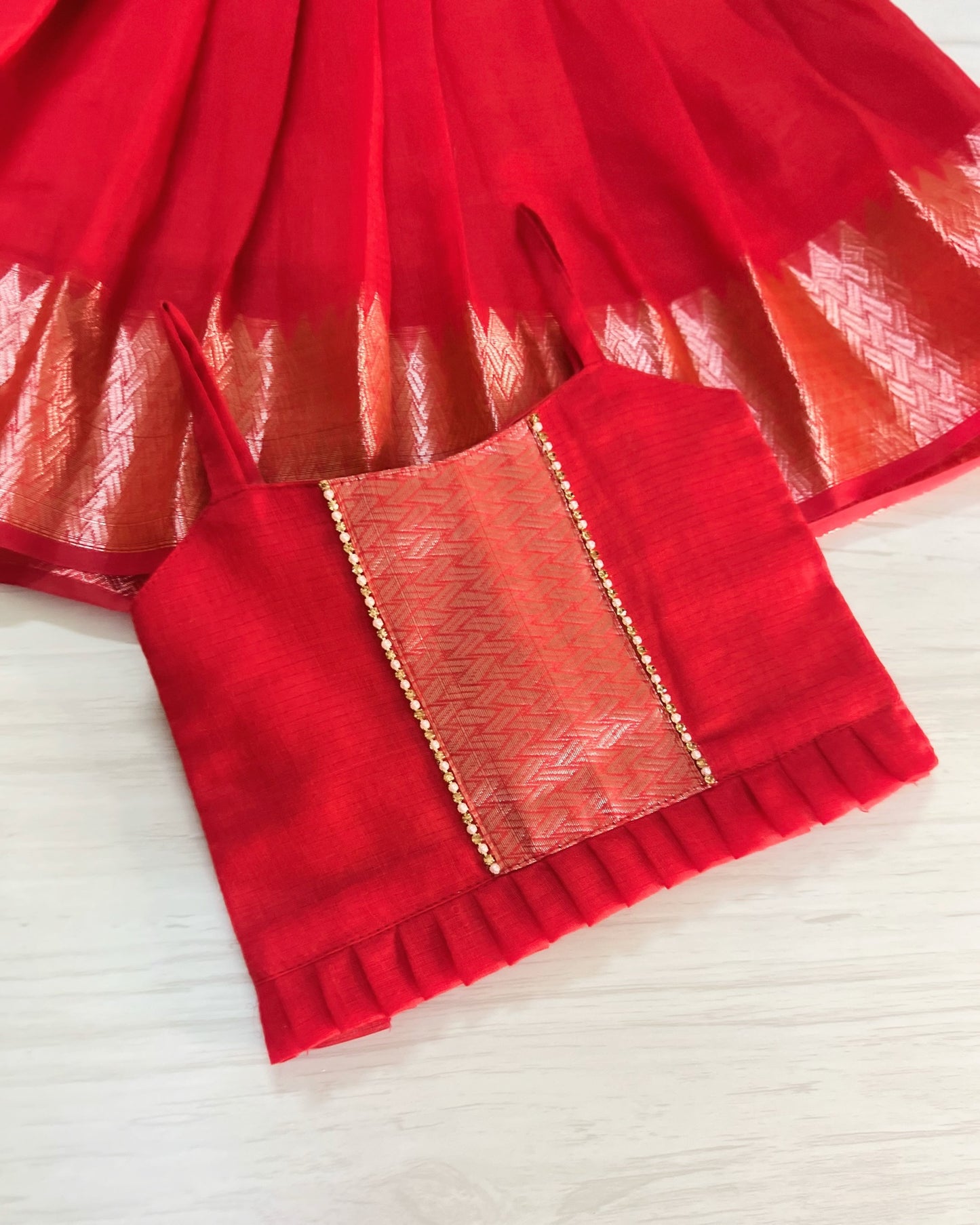 Ripe Chili Red Traditional Border Mangalagiri Cotton Lehenga Set
