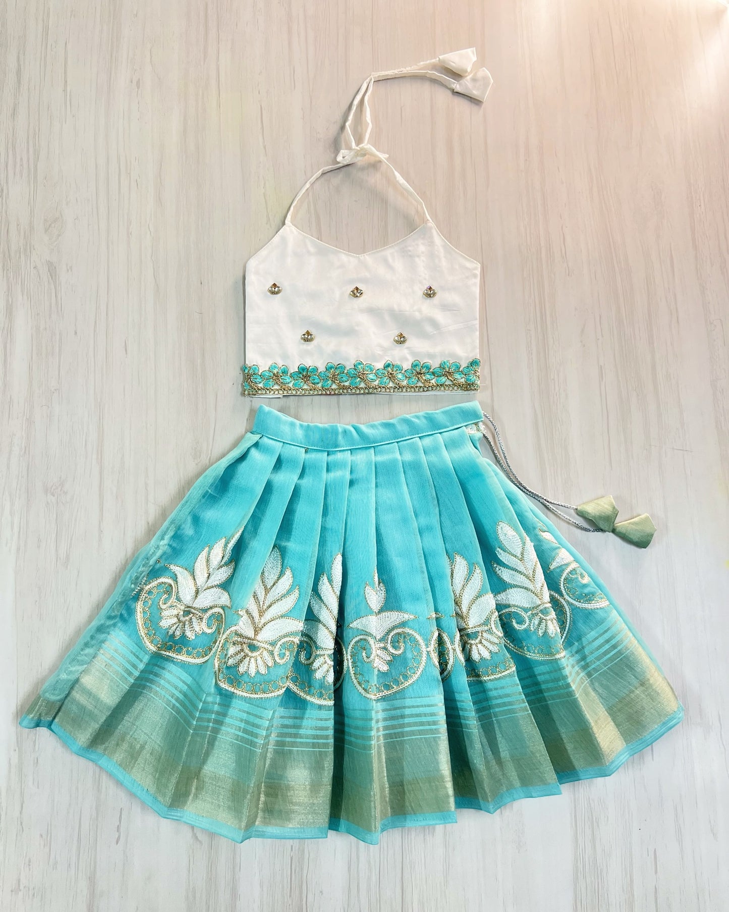 Cool Blue Floral Top With White Cotton Embroidered Skirt