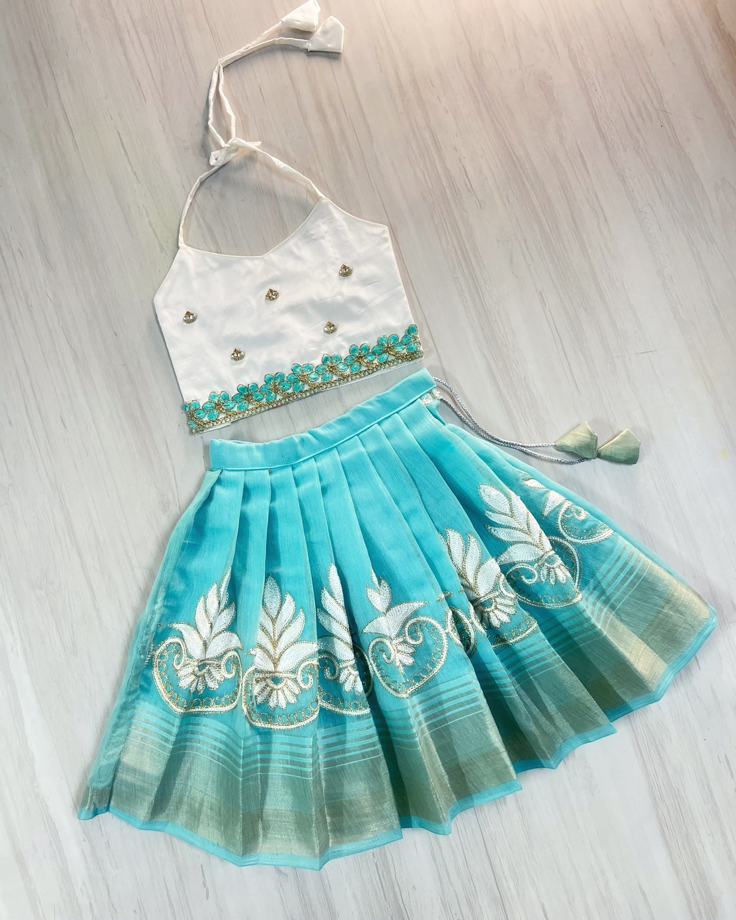 Cool Blue Floral Top With White Cotton Embroidered Skirt