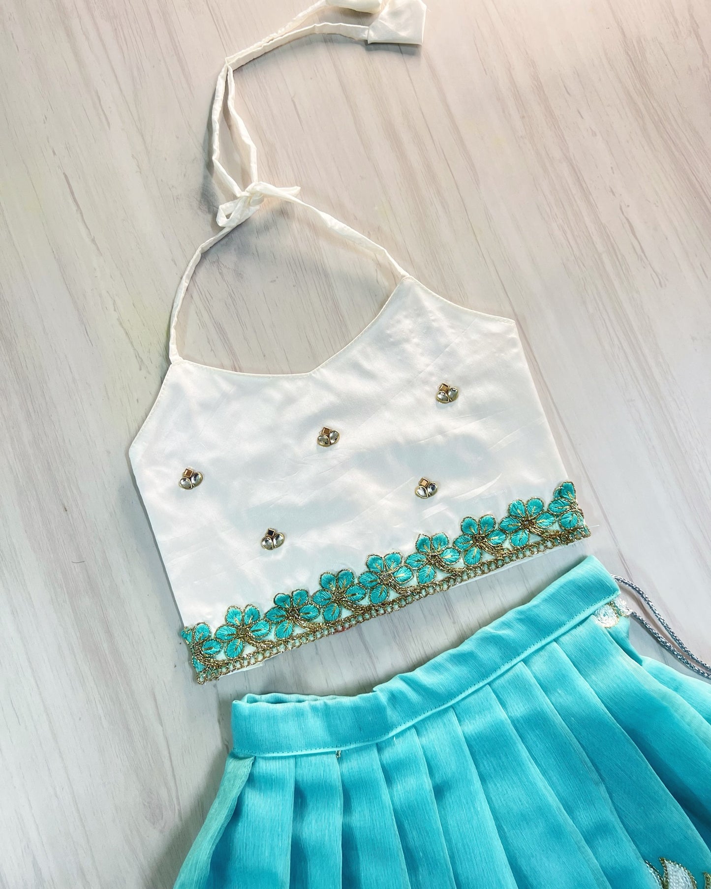 Cool Blue Floral Top With White Cotton Embroidered Skirt