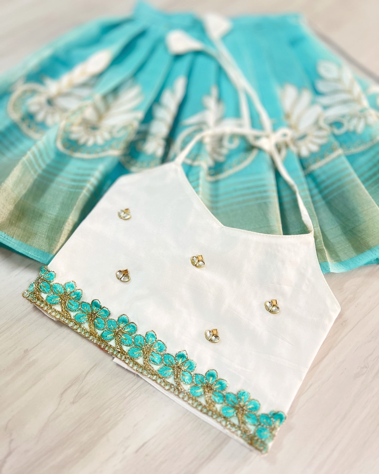 Cool Blue Floral Top With White Cotton Embroidered Skirt