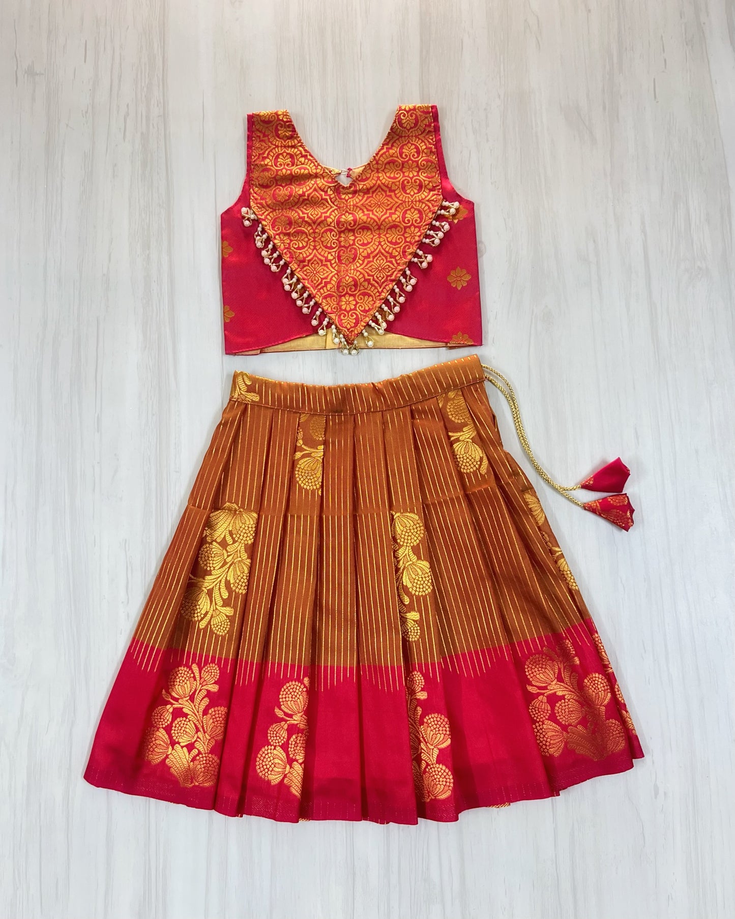 Bright Pink With Striped Marigold Premium Pearl Embellished Lehenga Set
