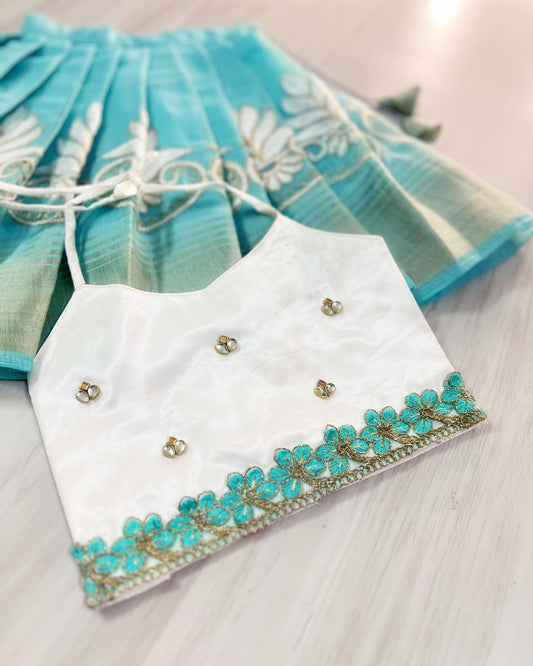 Cool Blue Floral Top With White Cotton Embroidered Skirt