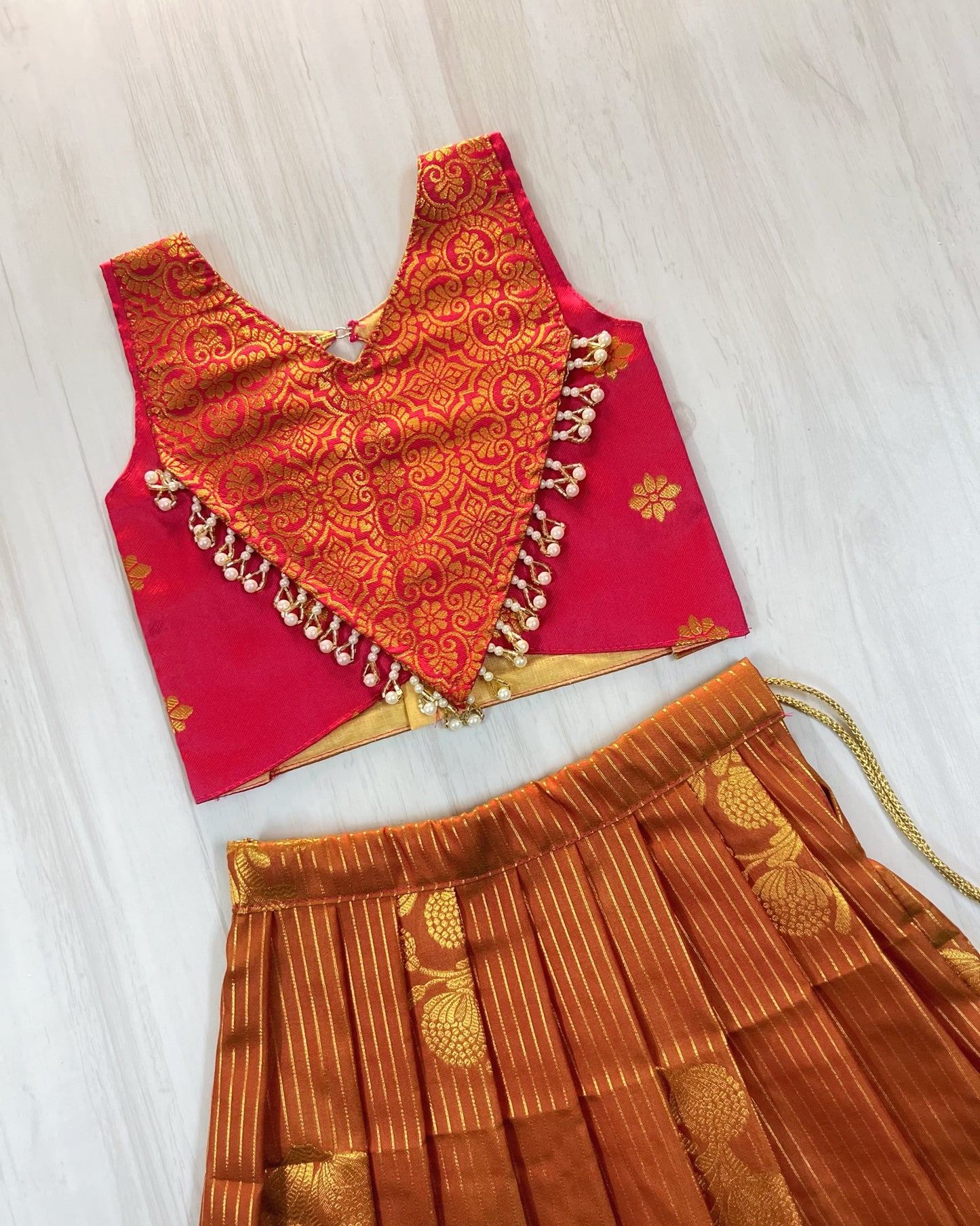 Bright Pink With Striped Marigold Premium Pearl Embellished Lehenga Set