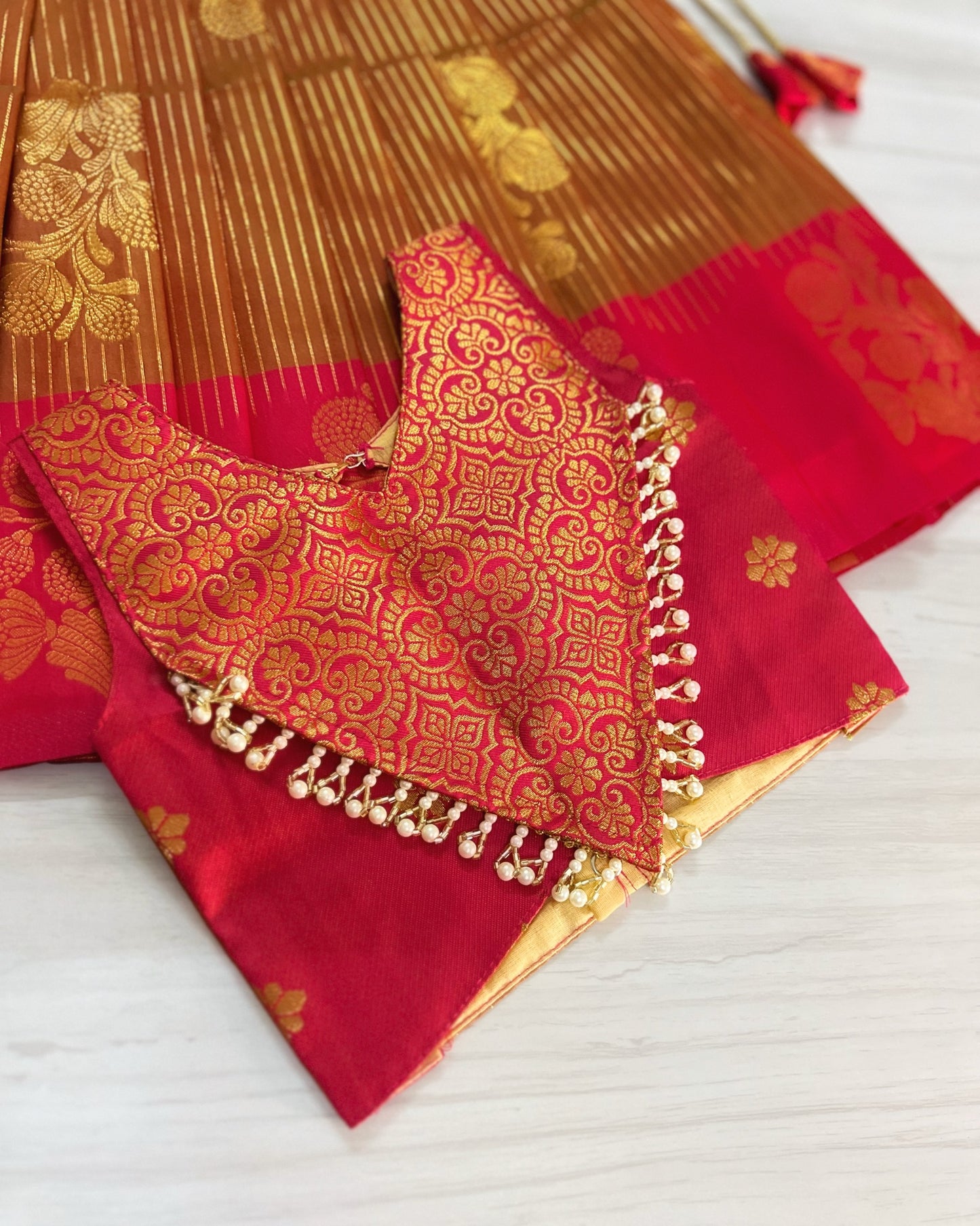 Bright Pink With Striped Marigold Premium Pearl Embellished Lehenga Set