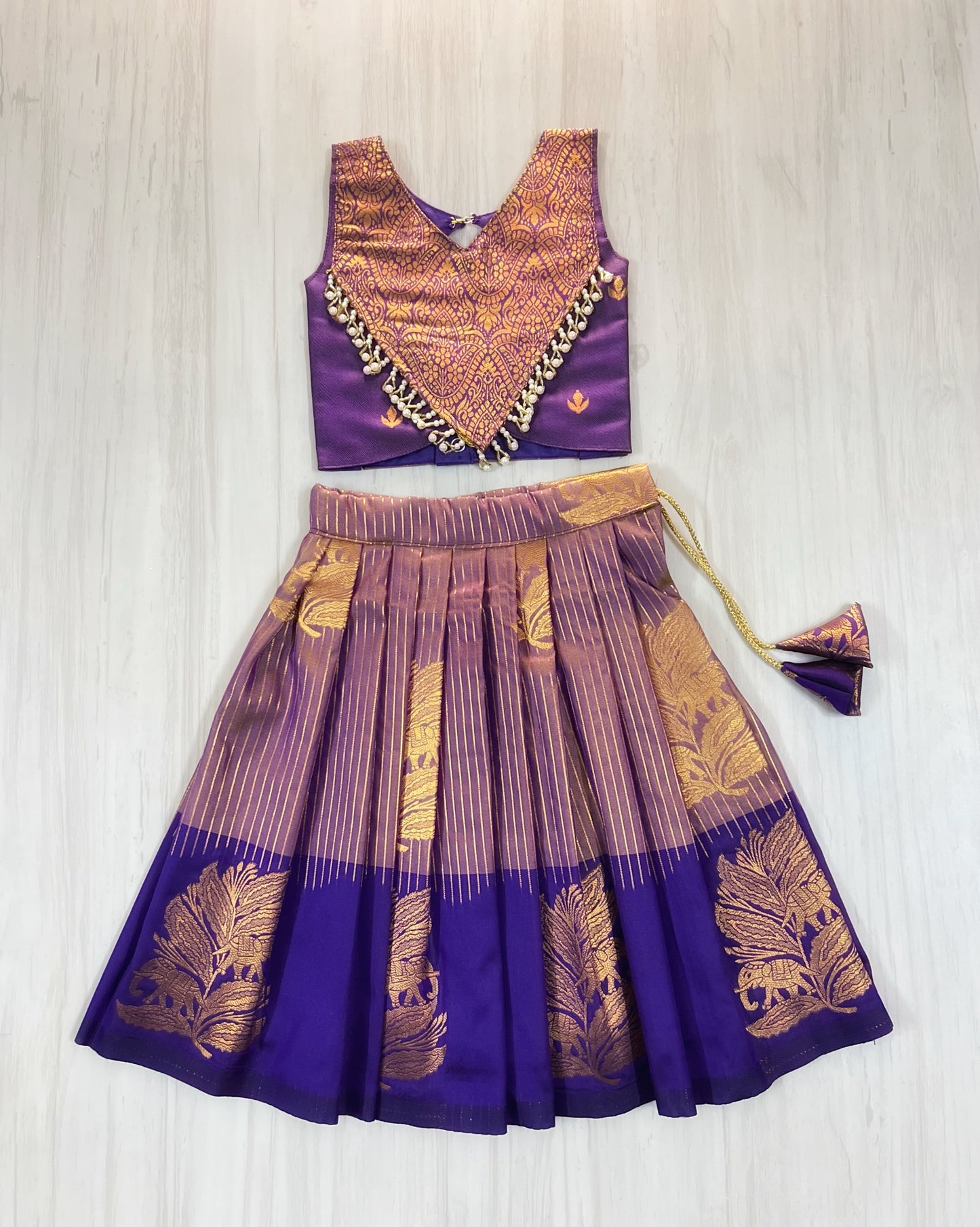 Luxury Purple With Striped Lavender Premium Pearl Embellished Lehenga Set