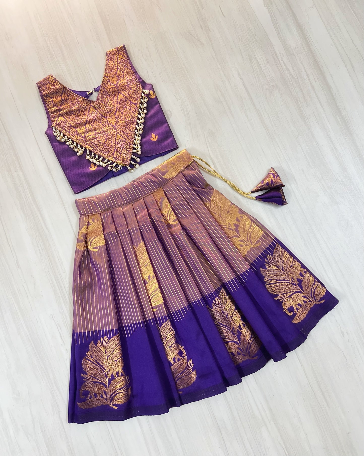 Luxury Purple With Striped Lavender Premium Pearl Embellished Lehenga Set